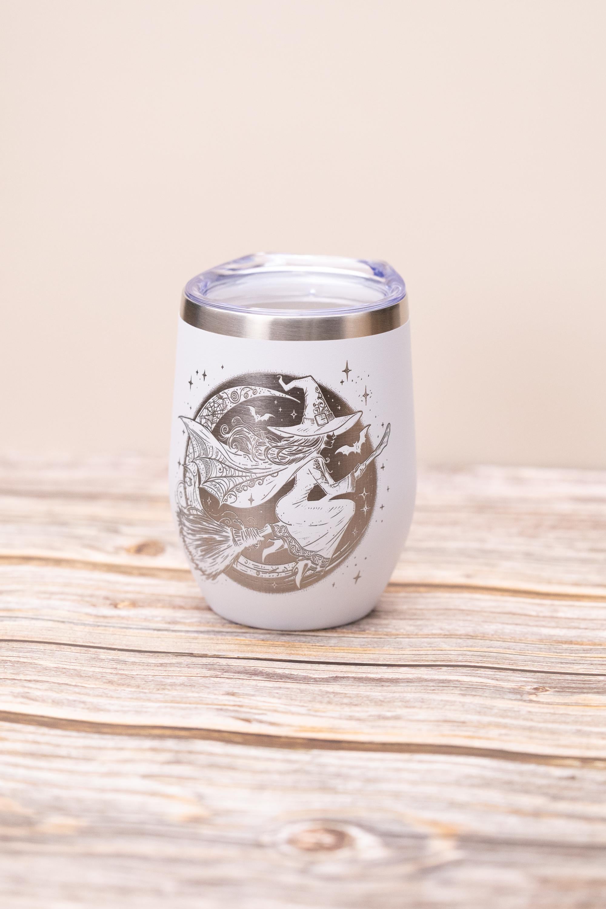 Witch wine tumbler 12 oz | laser engraved stainless steel cup with lid | spooky halloween gift for wine lovers