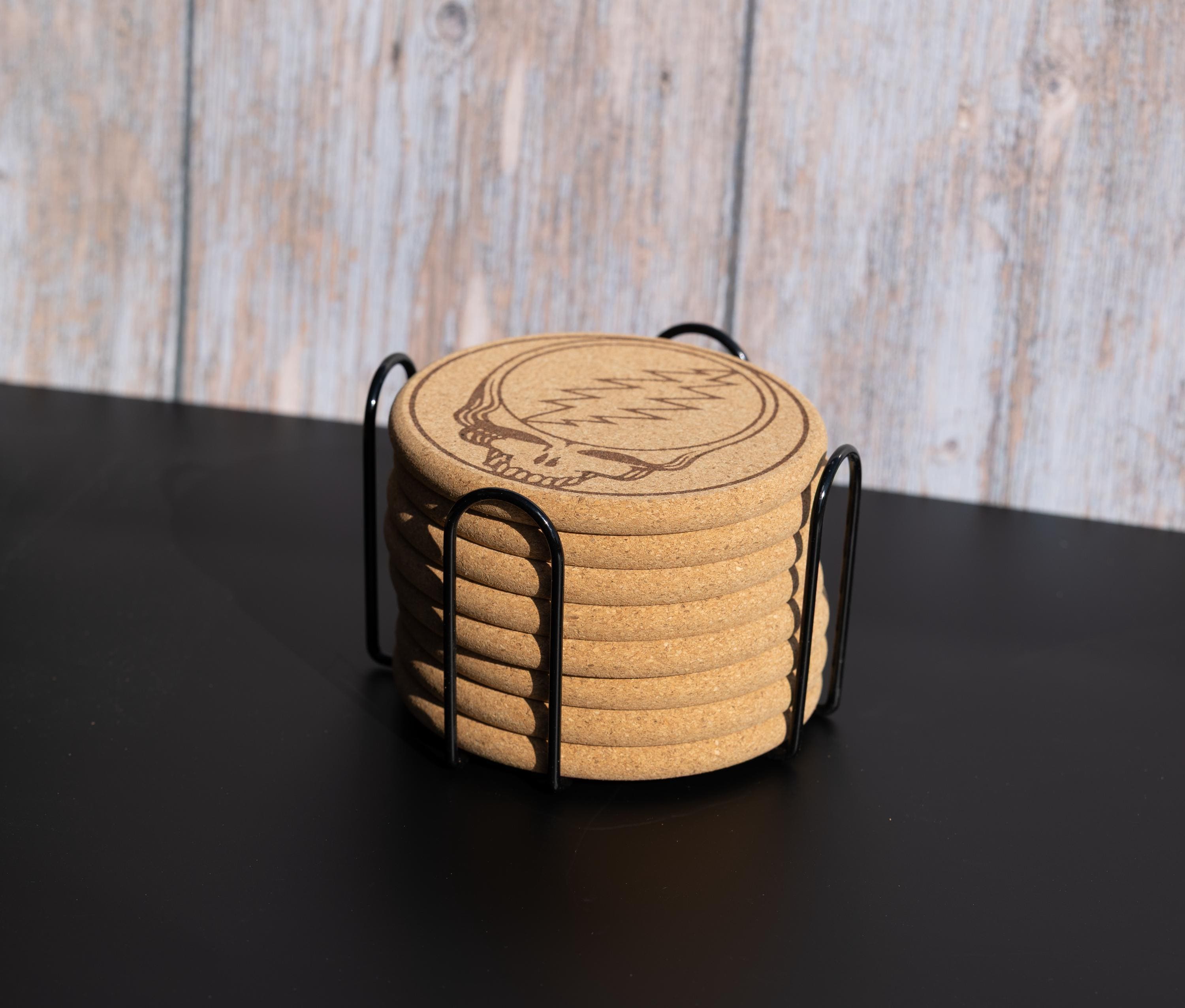 Grateful dead “steal your face” cork coaster set of 8 with holder | laser engraved music lover drink coasters