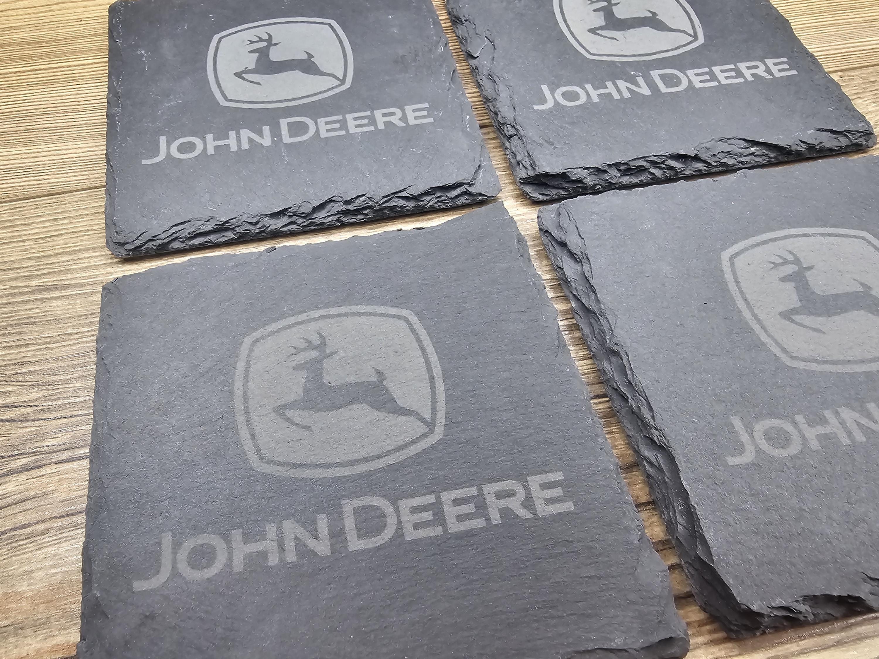 Laser engraved john deere slate coasters: home bar gift, set of 4
