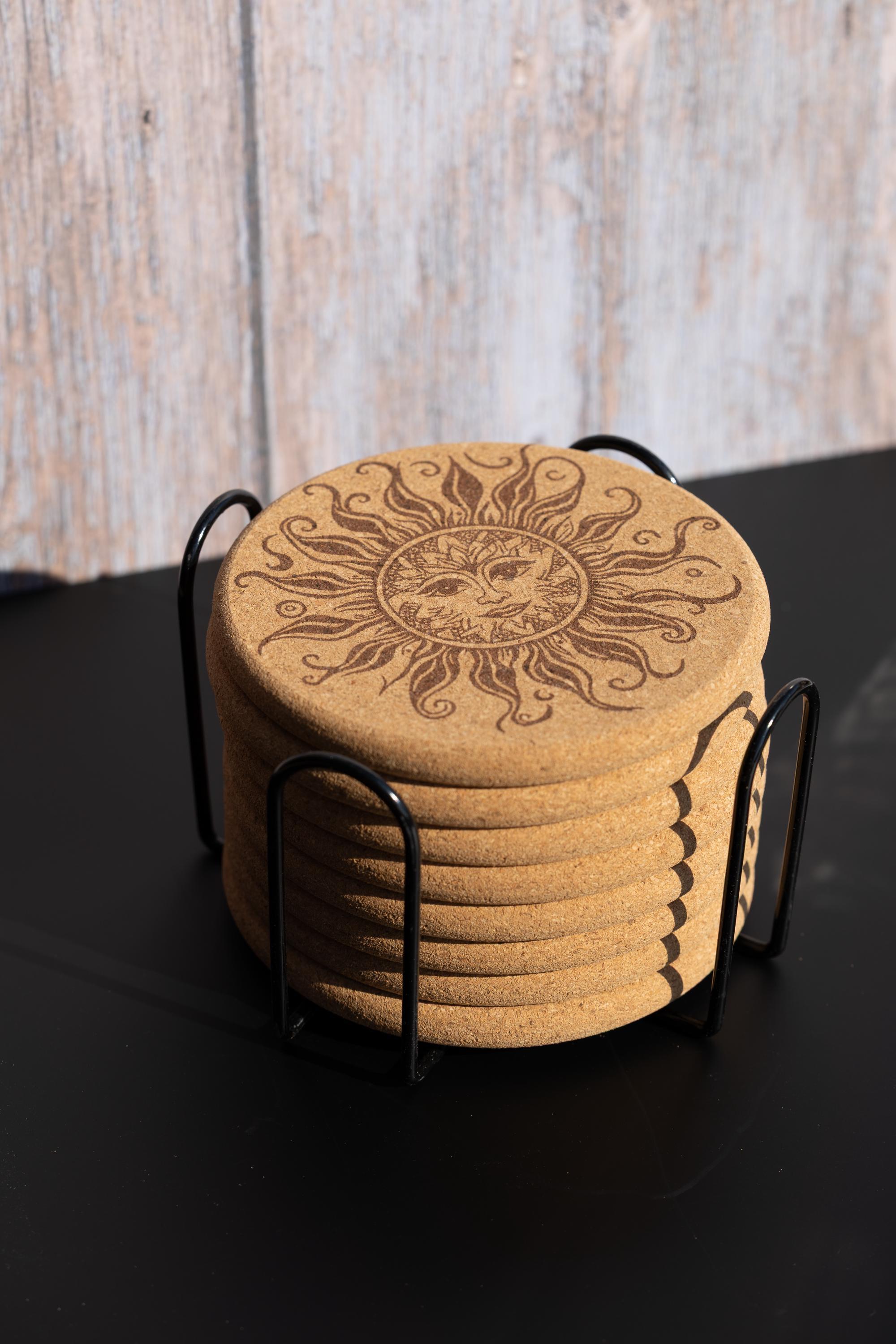 Laser engraved sun cork coaster set: boho rustic drink coasters