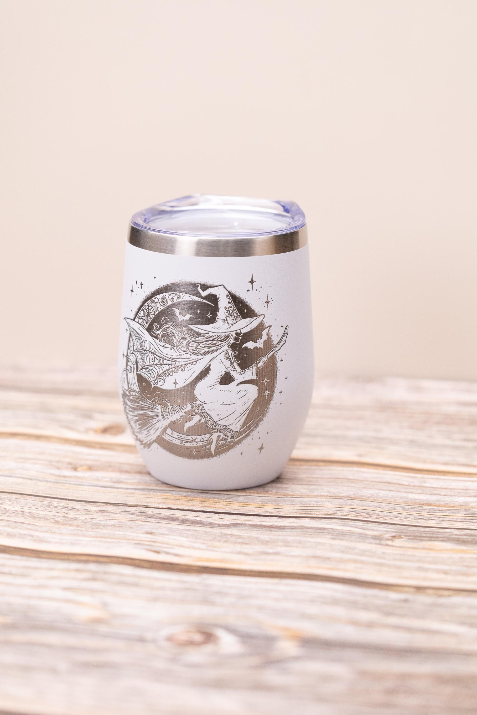 Witch wine tumbler 12 oz | laser engraved stainless steel cup with lid | spooky halloween gift for wine lovers