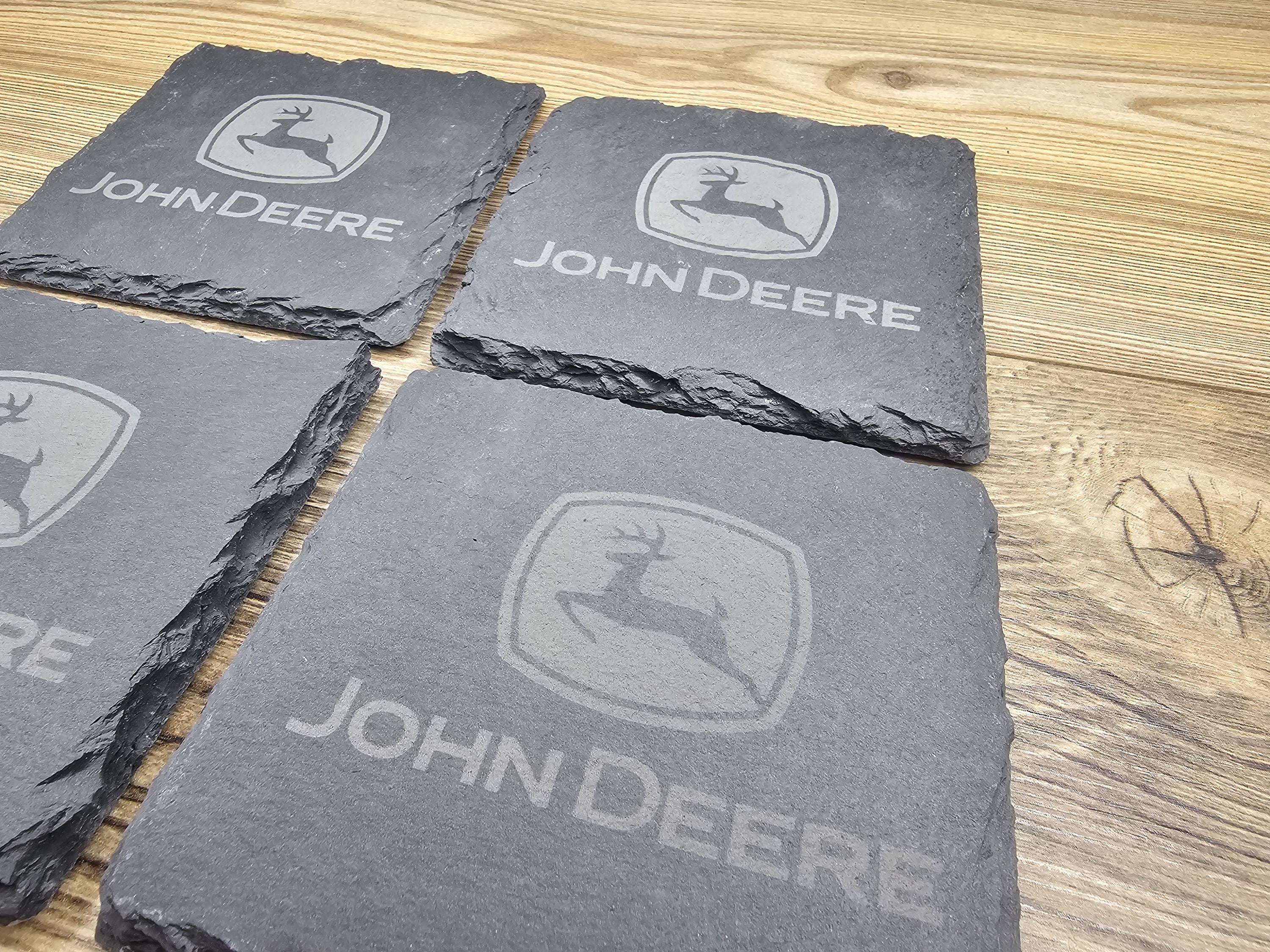 Laser engraved john deere slate coasters: home bar gift, set of 4