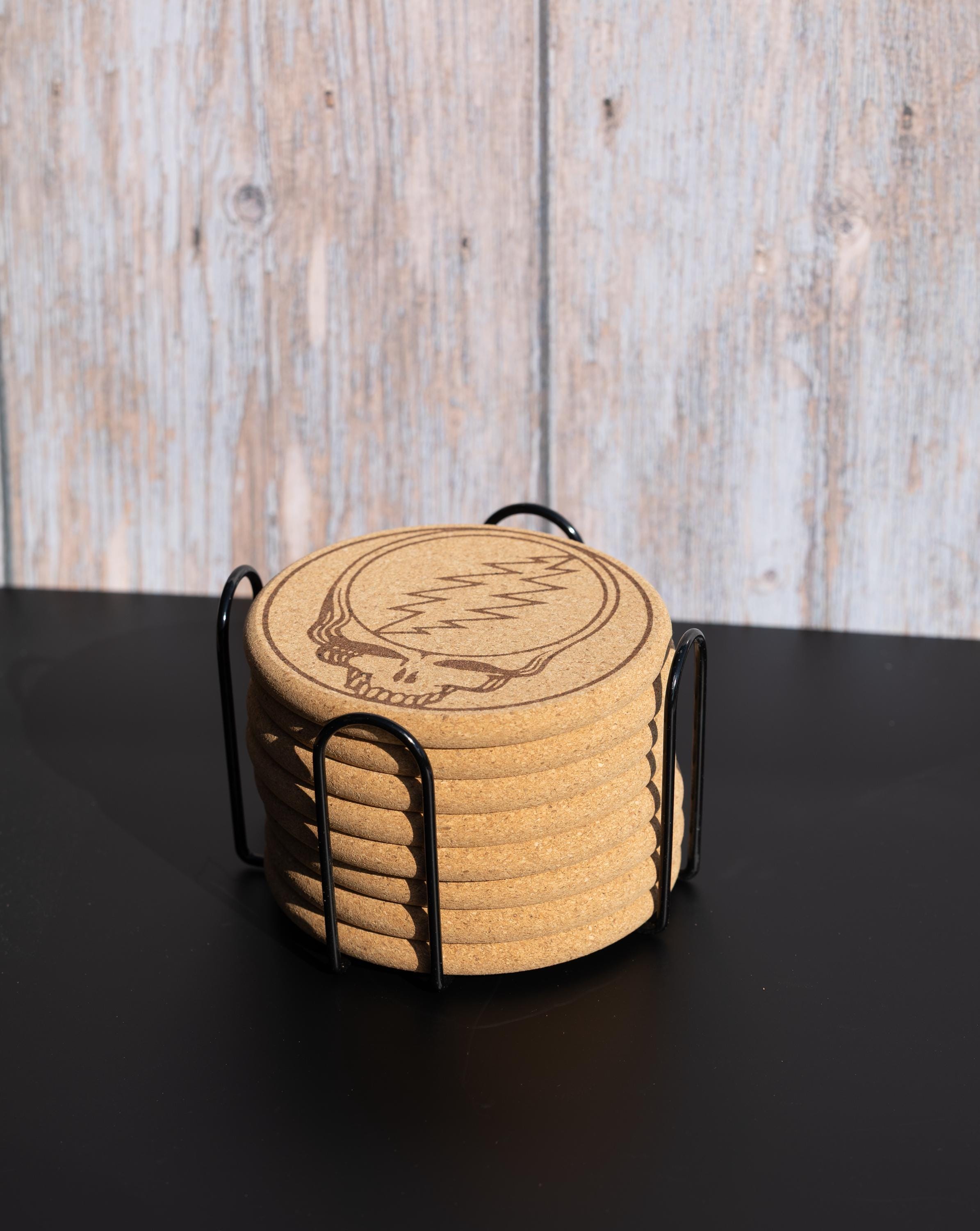 Grateful dead “steal your face” cork coaster set of 8 with holder | laser engraved music lover drink coasters