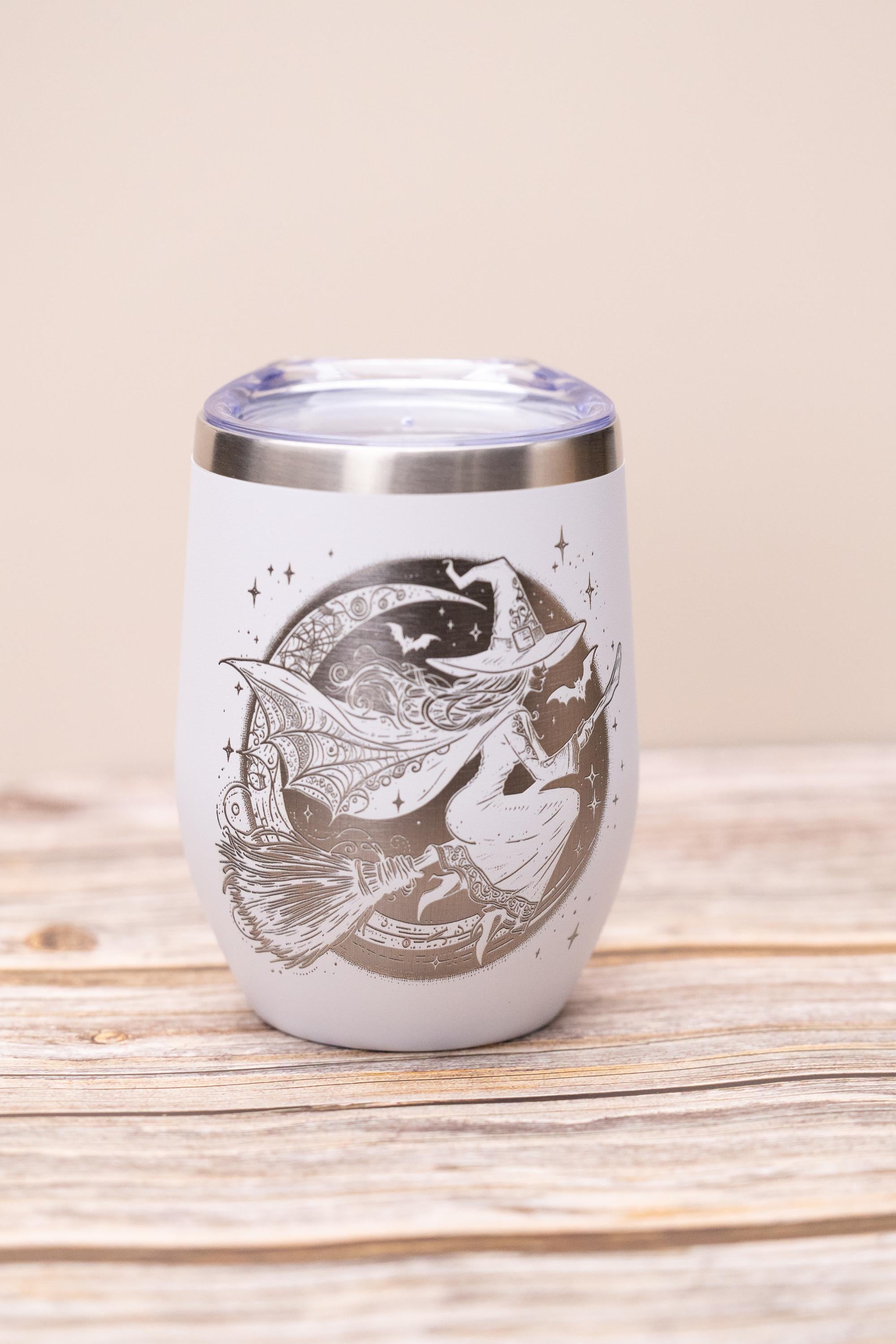 Witch wine tumbler 12 oz | laser engraved stainless steel cup with lid | spooky halloween gift for wine lovers