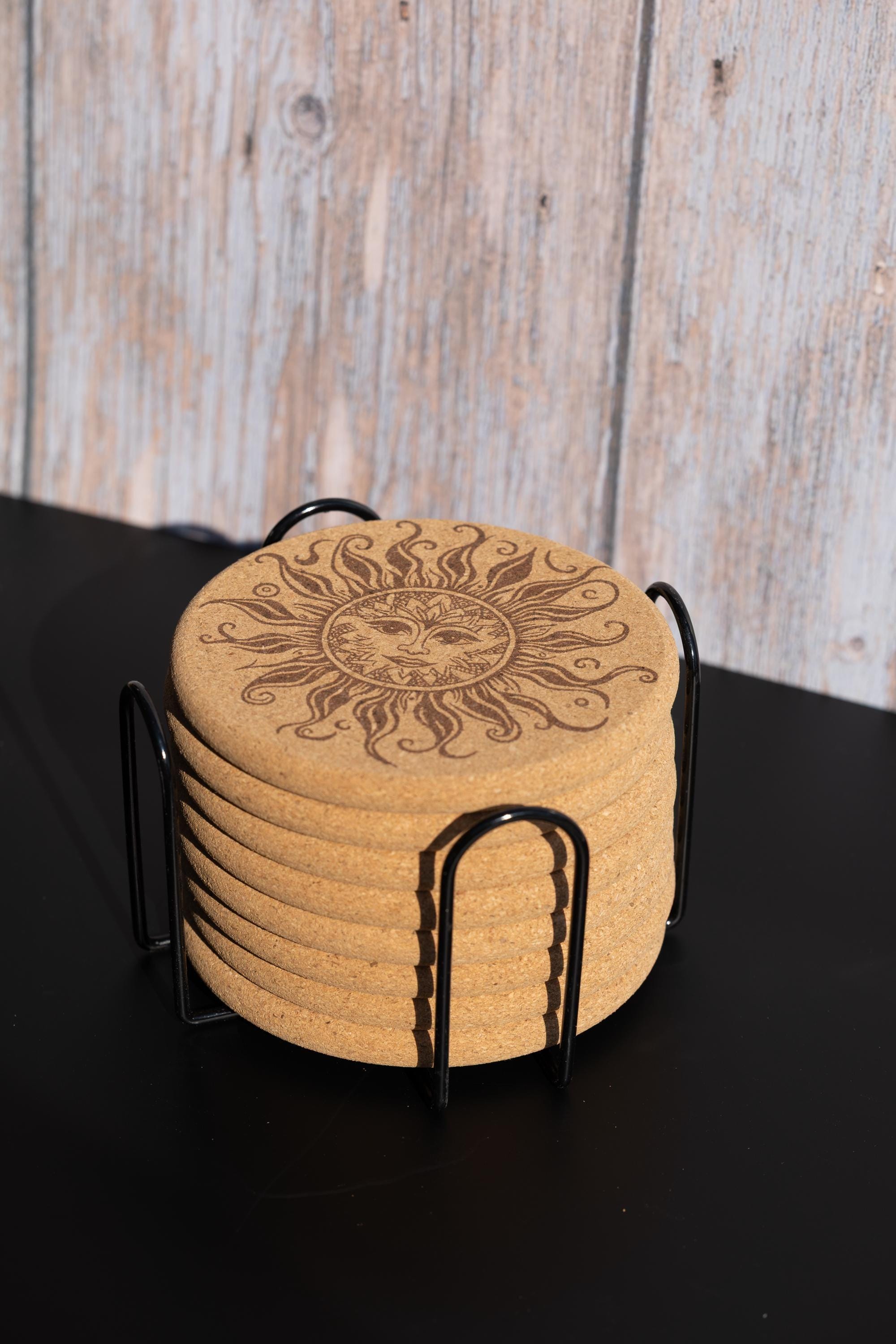 Laser engraved sun cork coaster set: boho rustic drink coasters