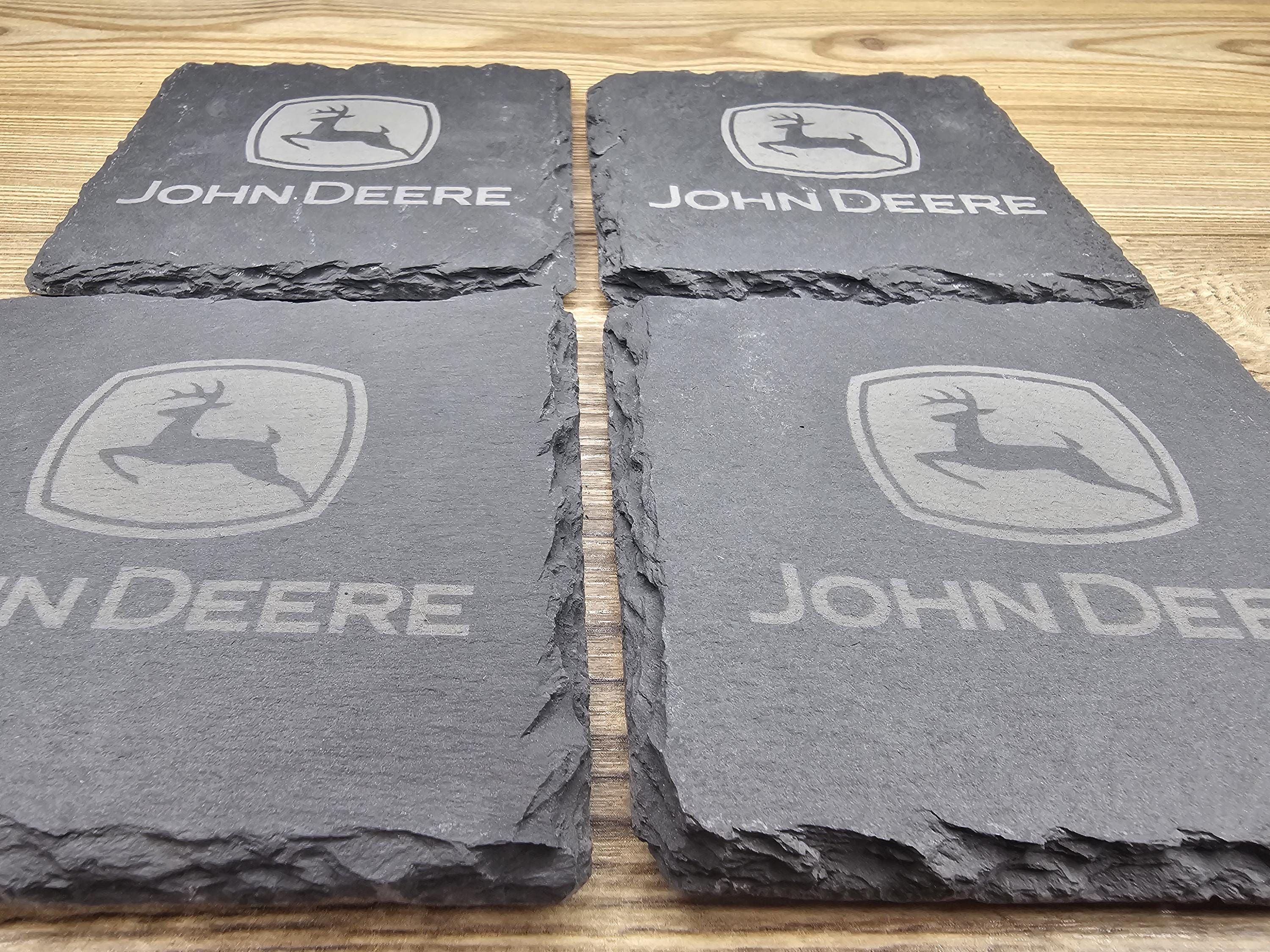 Laser engraved john deere slate coasters: home bar gift, set of 4