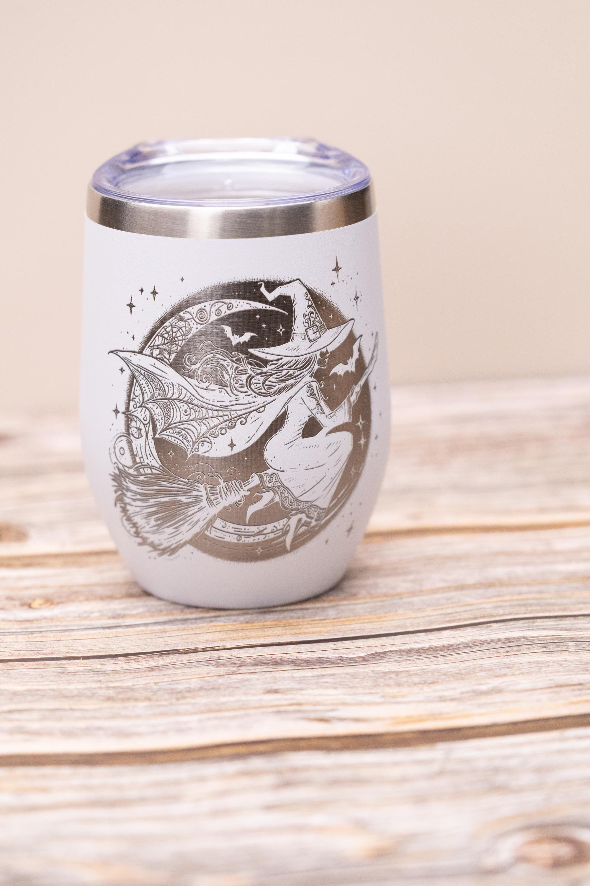 Witch wine tumbler 12 oz | laser engraved stainless steel cup with lid | spooky halloween gift for wine lovers