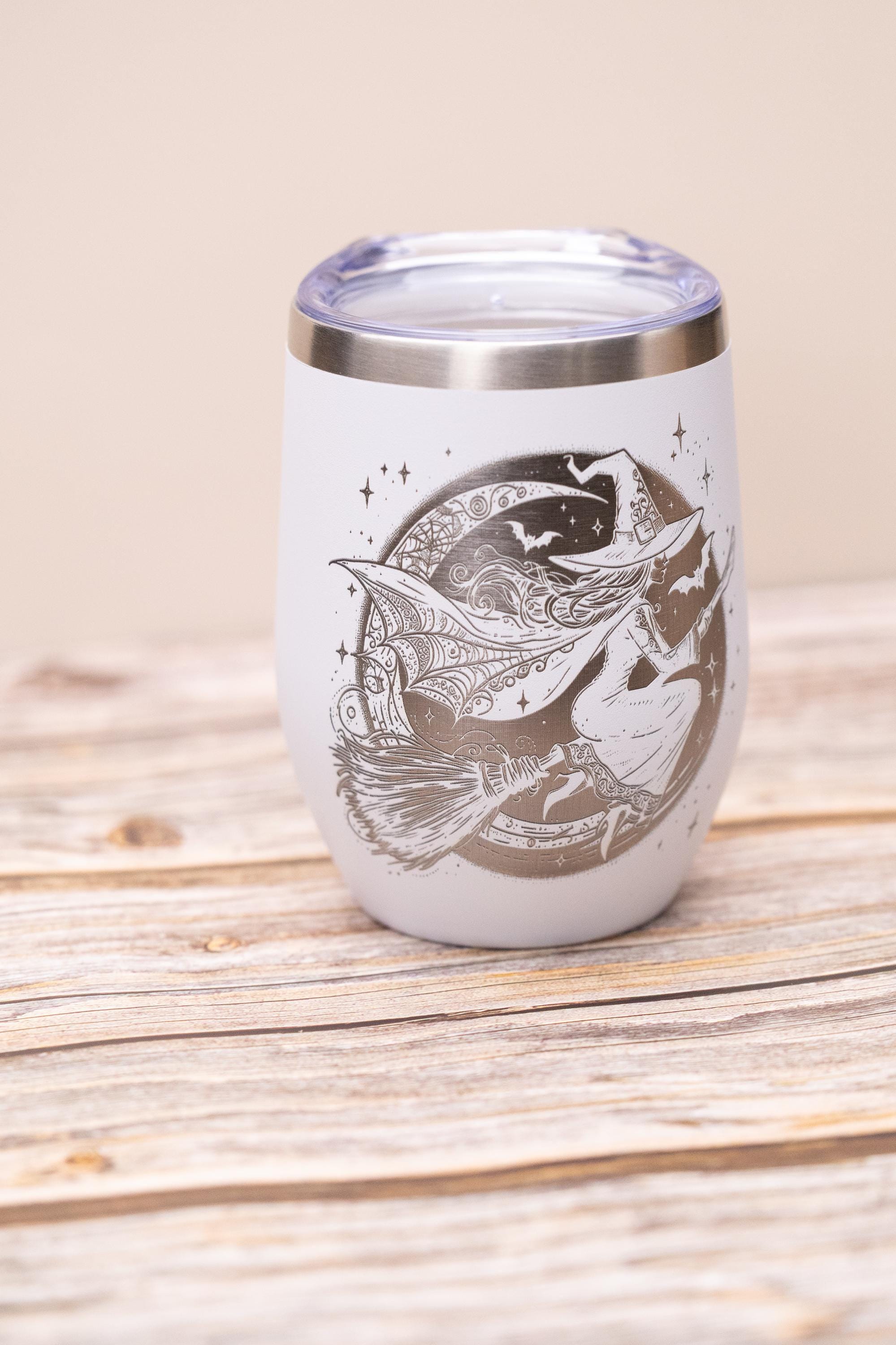 Witch wine tumbler 12 oz | laser engraved stainless steel cup with lid | spooky halloween gift for wine lovers