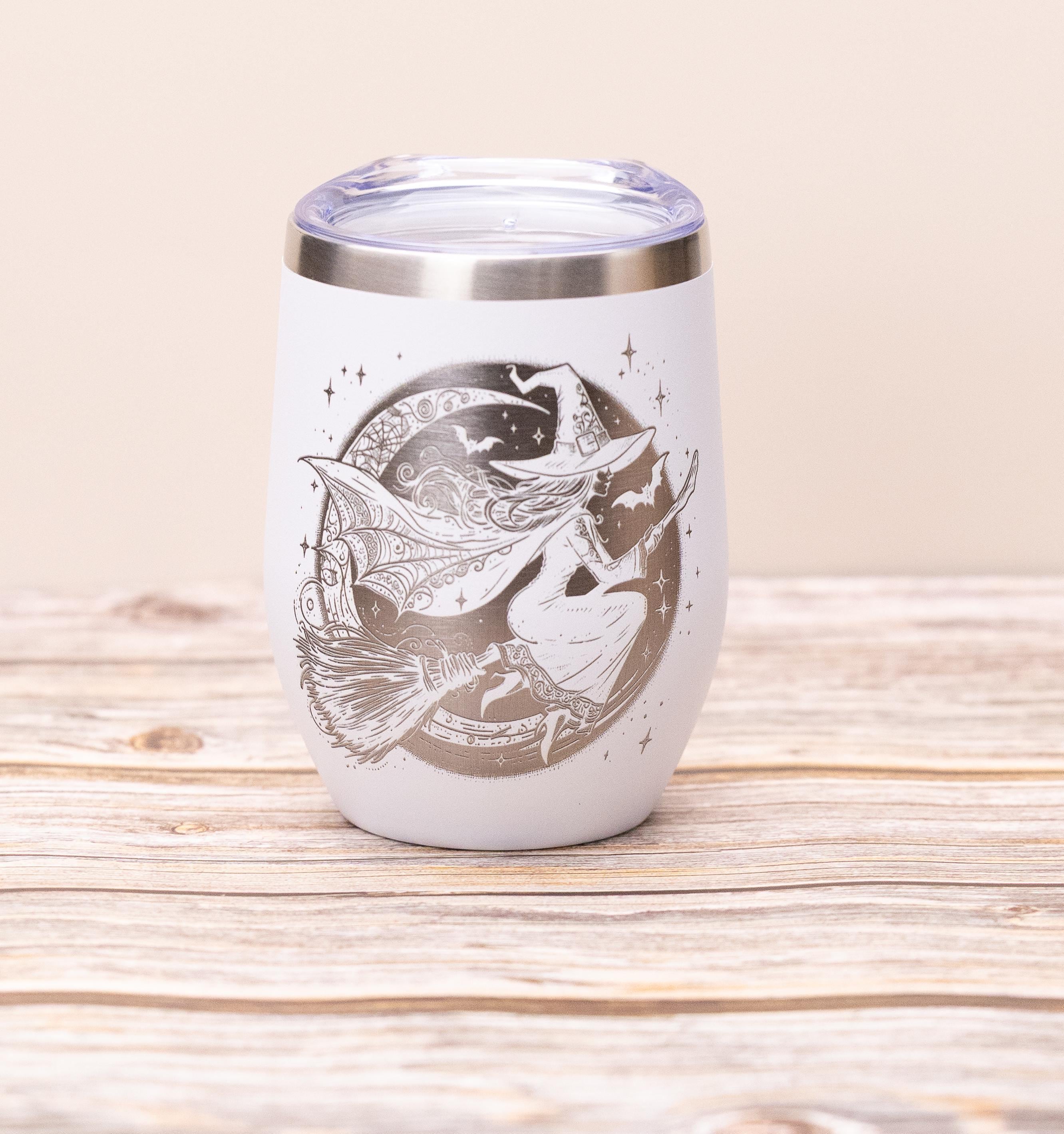 Witch wine tumbler 12 oz | laser engraved stainless steel cup with lid | spooky halloween gift for wine lovers