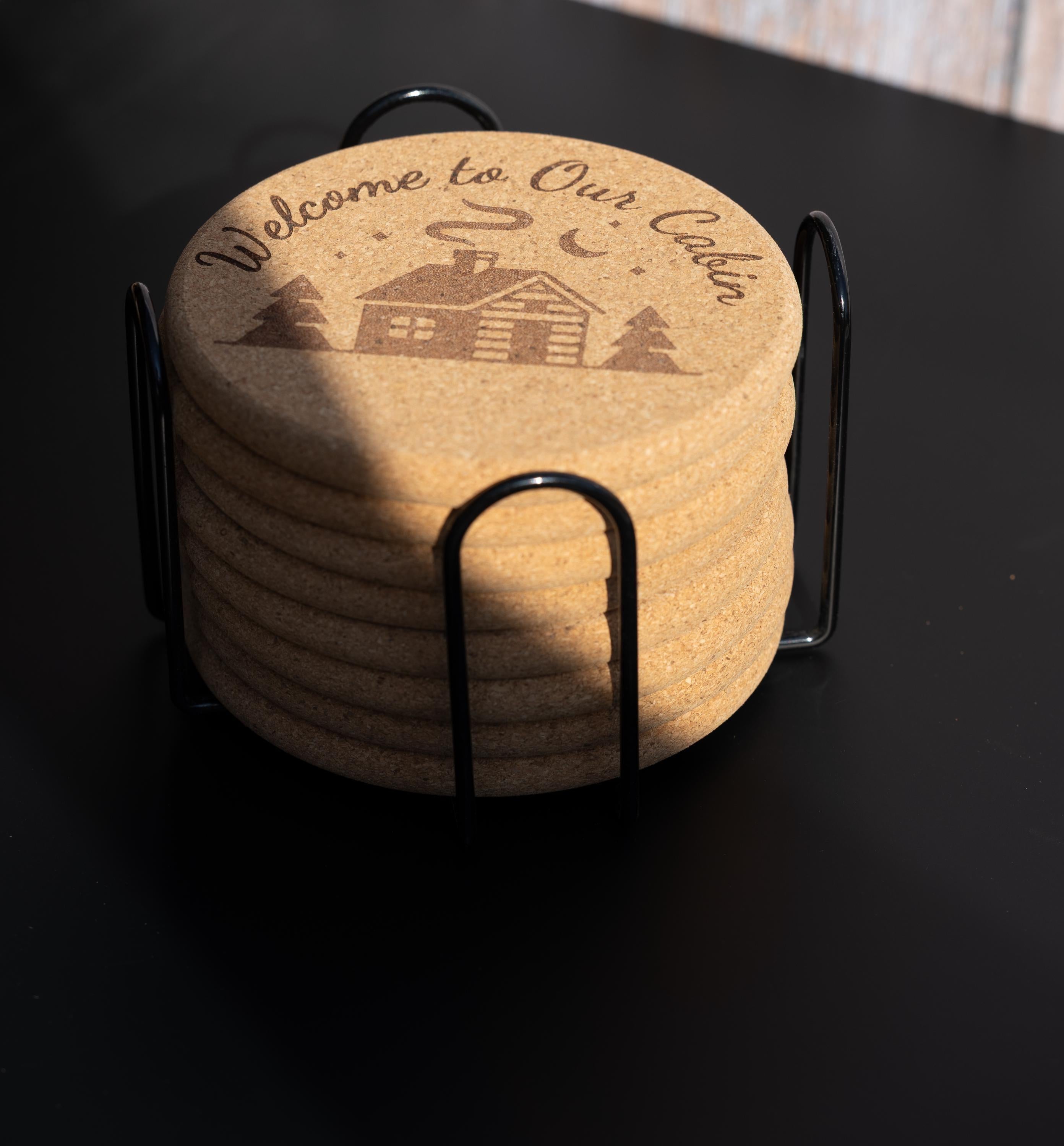 Laser engraved cabin cork coaster set: rustic welcome design