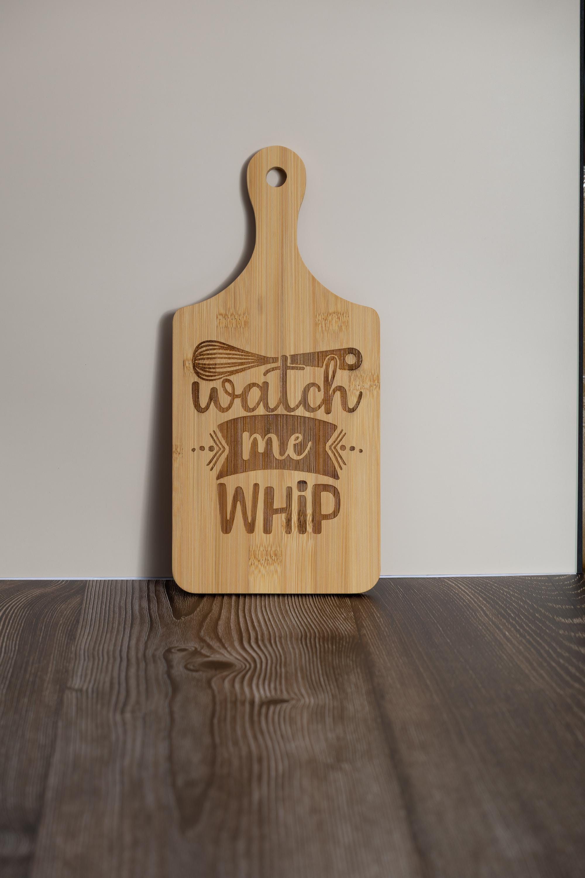 Watch me whip bamboo cutting board | 5"x11" laser engraved funny kitchen board | small rustic prep & serving board