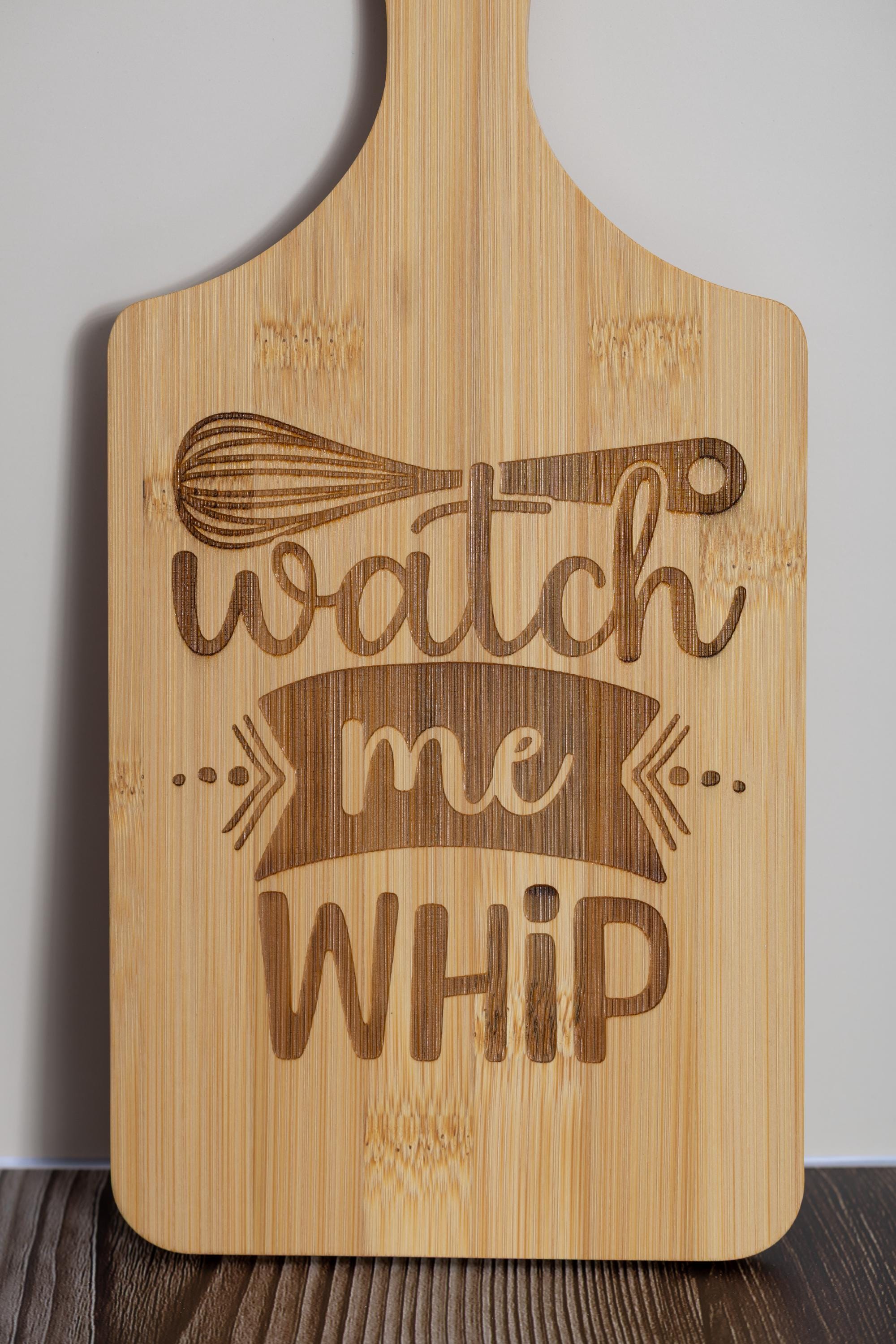 Watch me whip bamboo cutting board | 5"x11" laser engraved funny kitchen board | small rustic prep & serving board