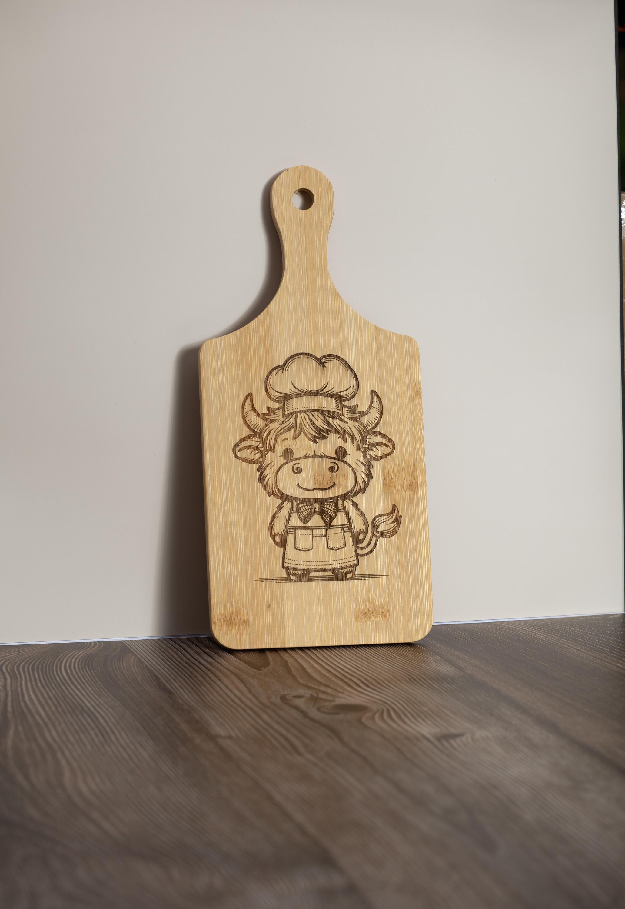 Highland cow bamboo cutting board: rustic farmhouse kitchen decor (5"x11")