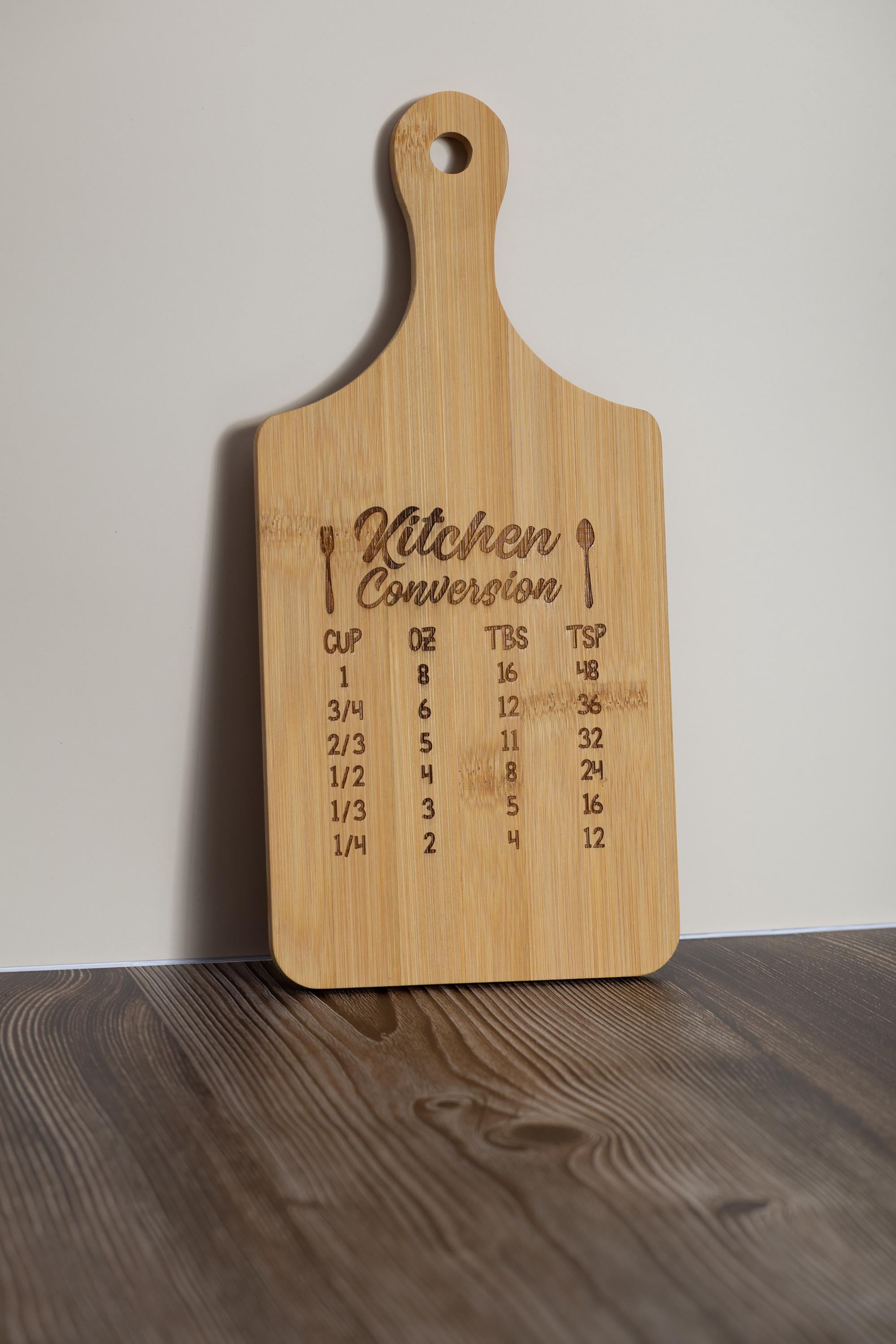 Bamboo kitchen conversion cutting board: laser engraved cooking chart