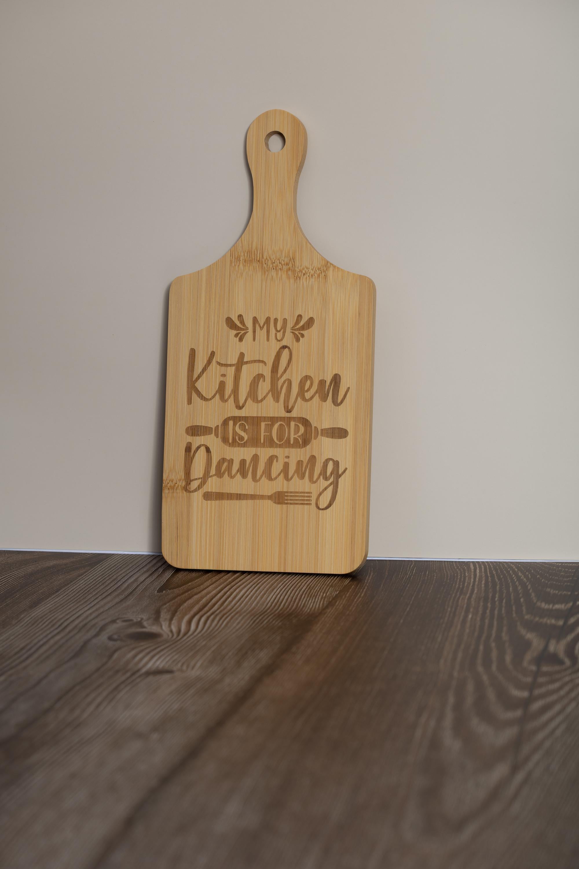 My kitchen is for dancing bamboo cutting board: laser engraved decor (5x11)