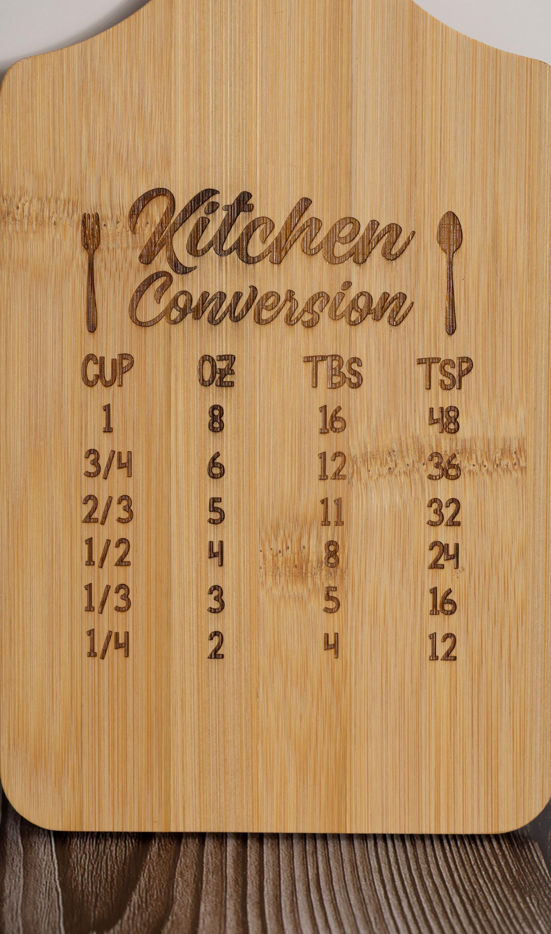Bamboo kitchen conversion cutting board: laser engraved cooking chart