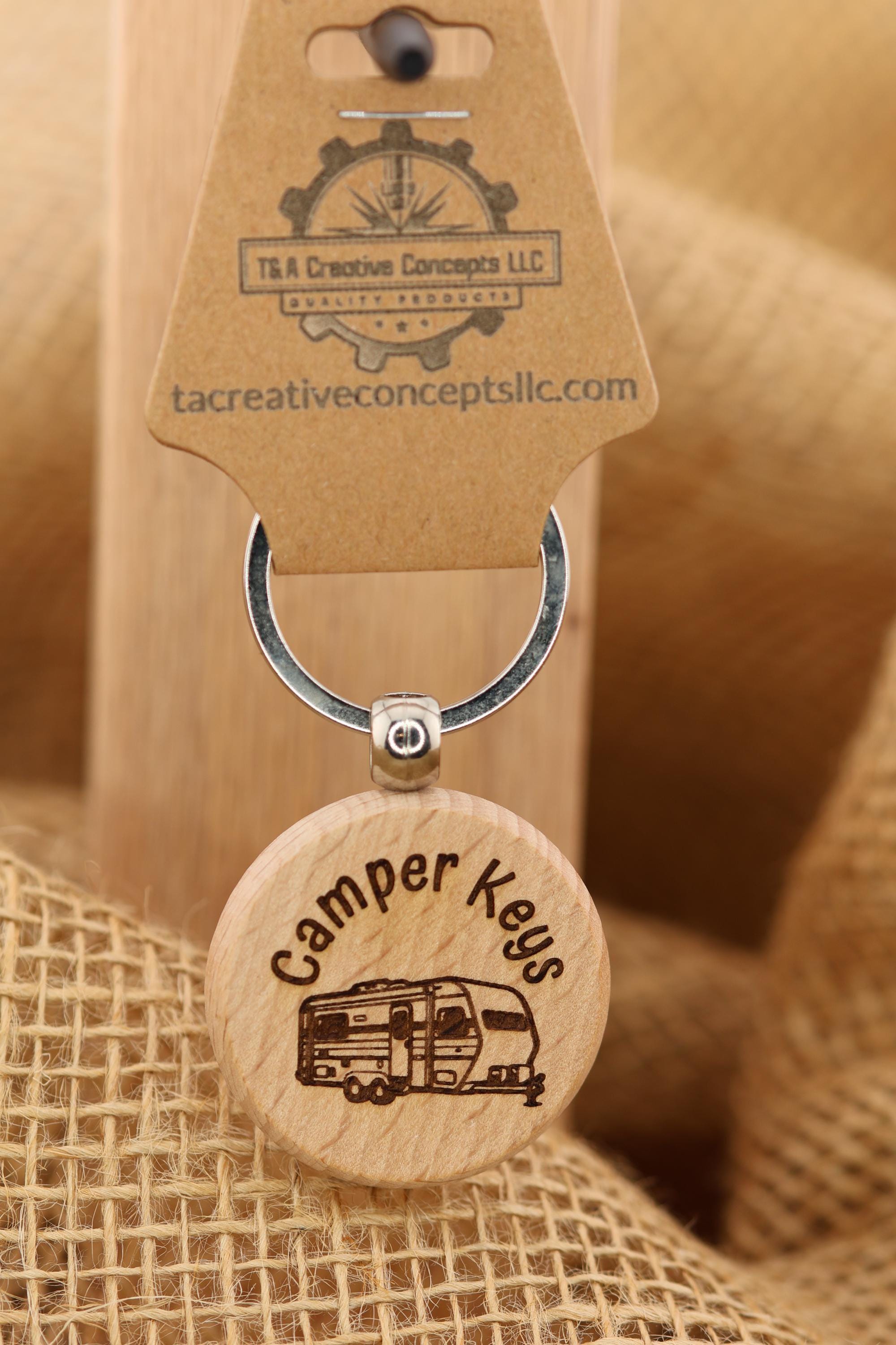 Laser engraved wood camper keychain: RV gift with stainless steel keyring