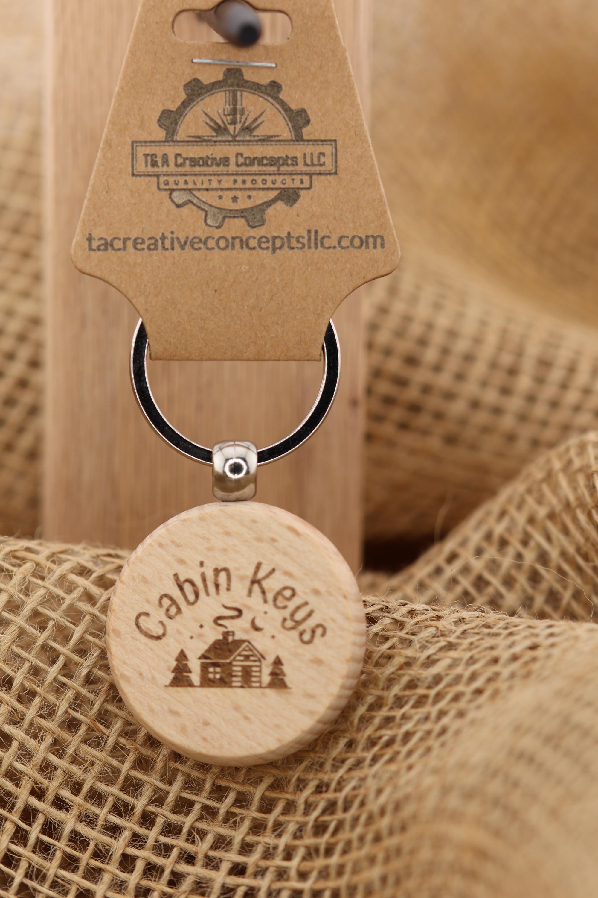 Cabin keys keychain: laser engraved hardwood with stainless steel keyring