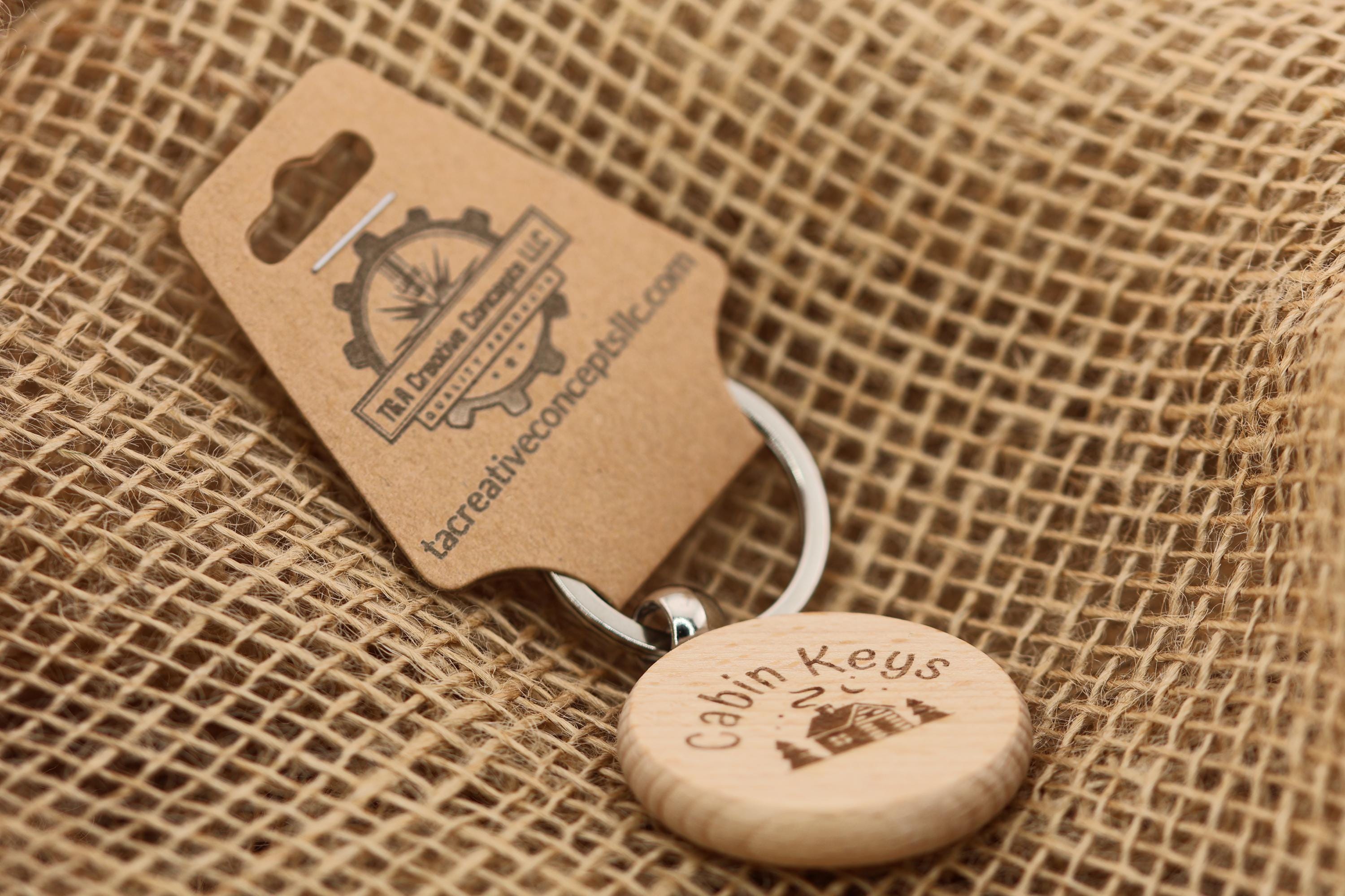 Cabin keys keychain: laser engraved hardwood with stainless steel keyring