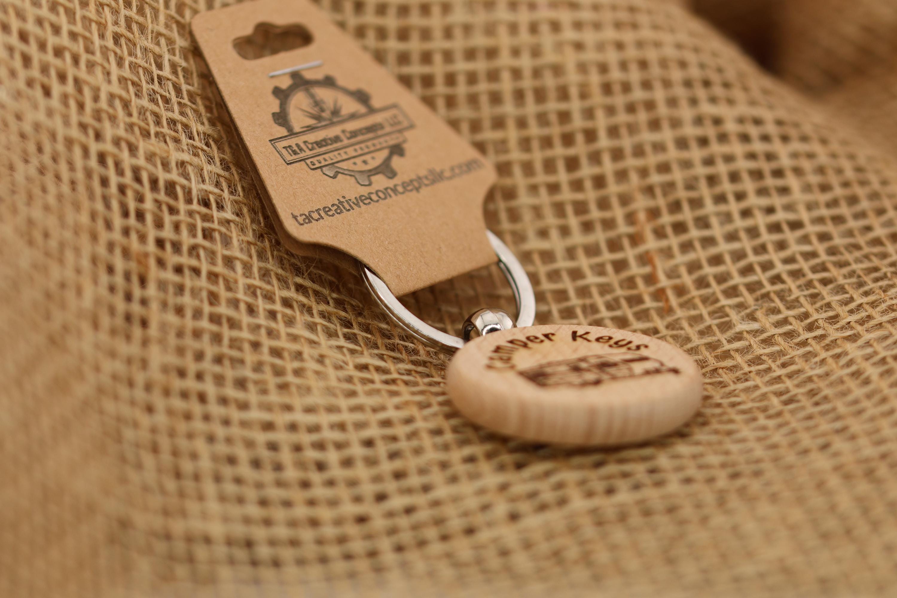 Laser engraved wood camper keychain: RV gift with stainless steel keyring
