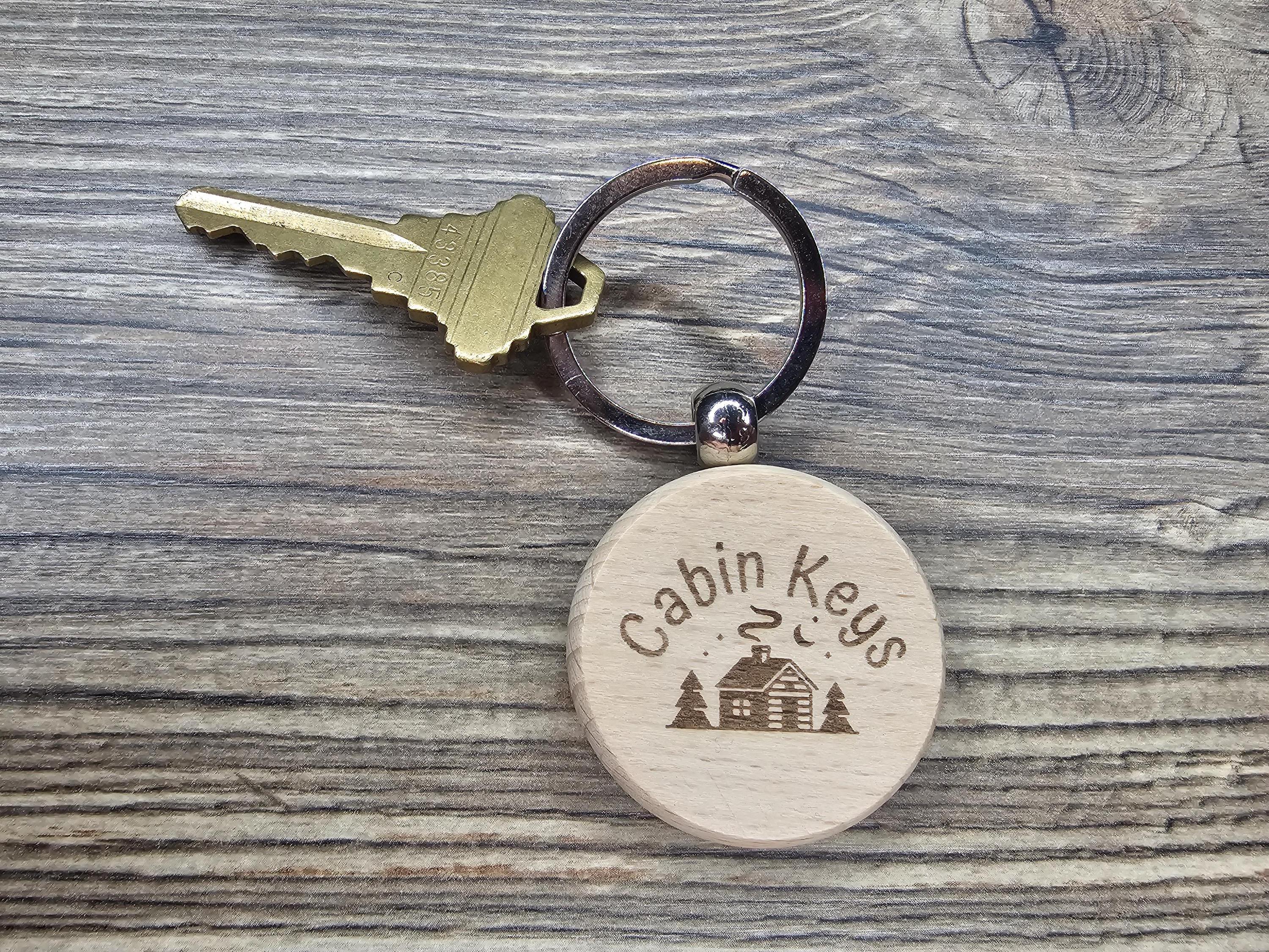 Cabin keys keychain: laser engraved hardwood with stainless steel keyring