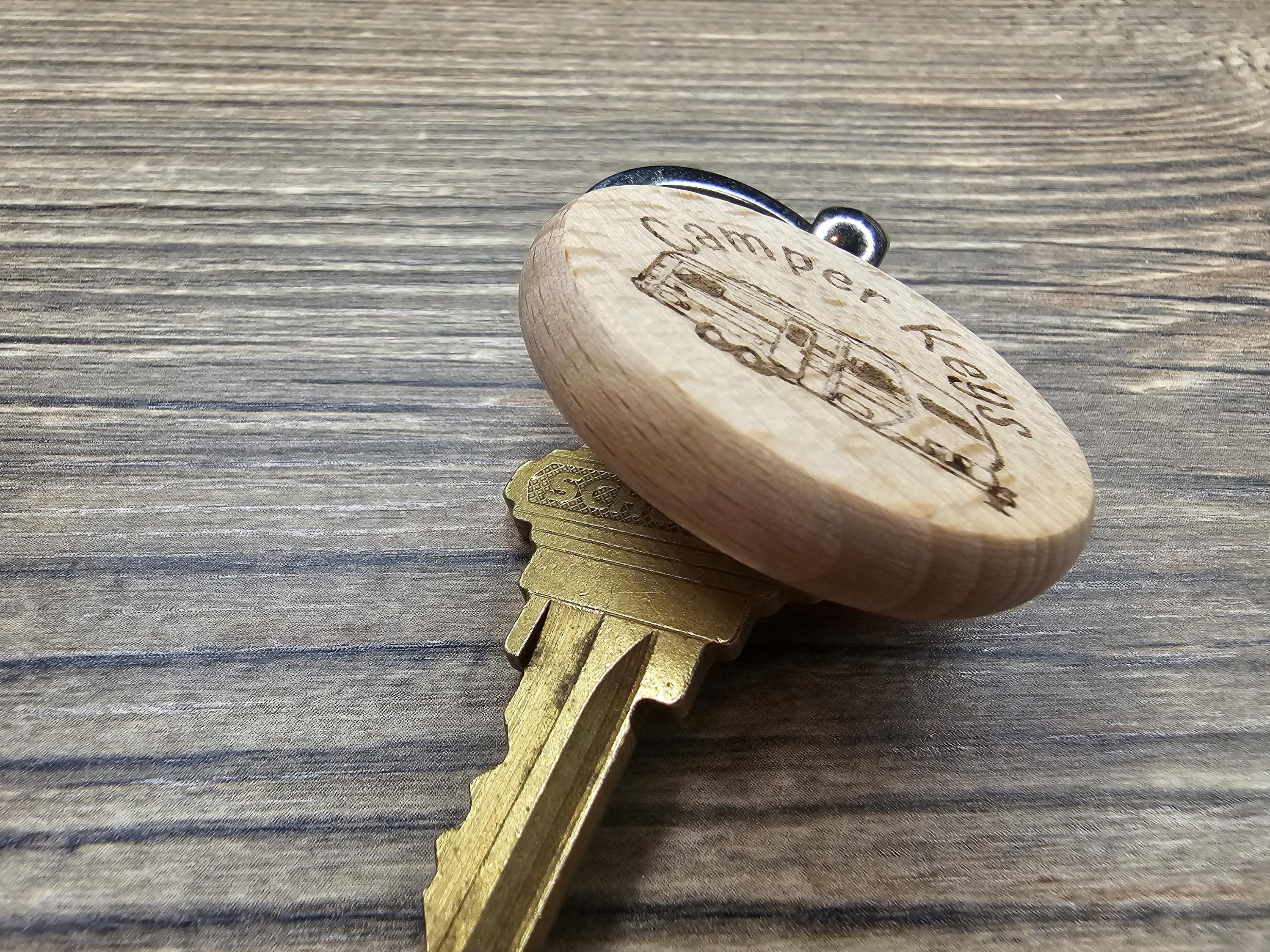 Laser engraved wood camper keychain: RV gift with stainless steel keyring