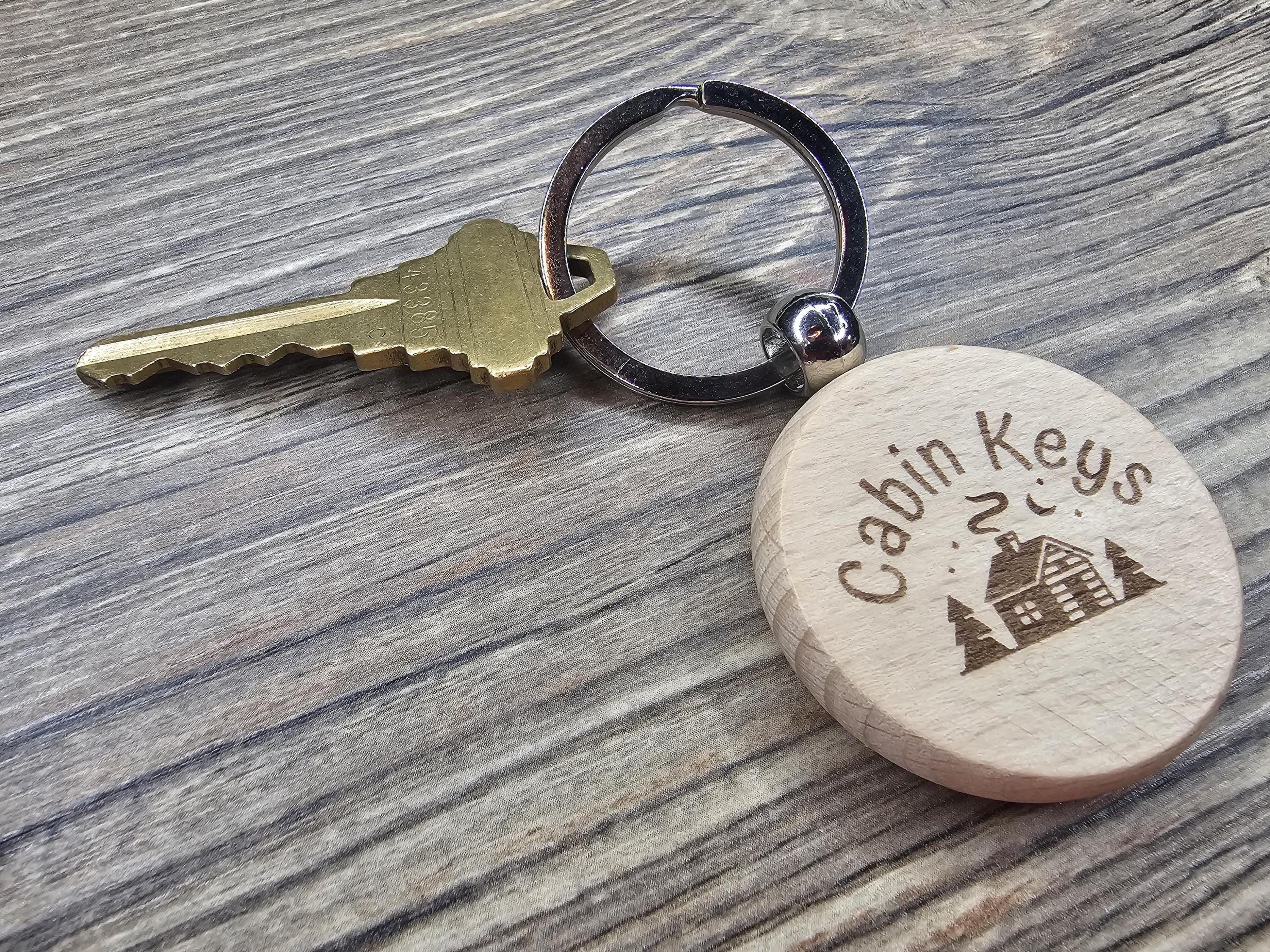 Cabin keys keychain: laser engraved hardwood with stainless steel keyring