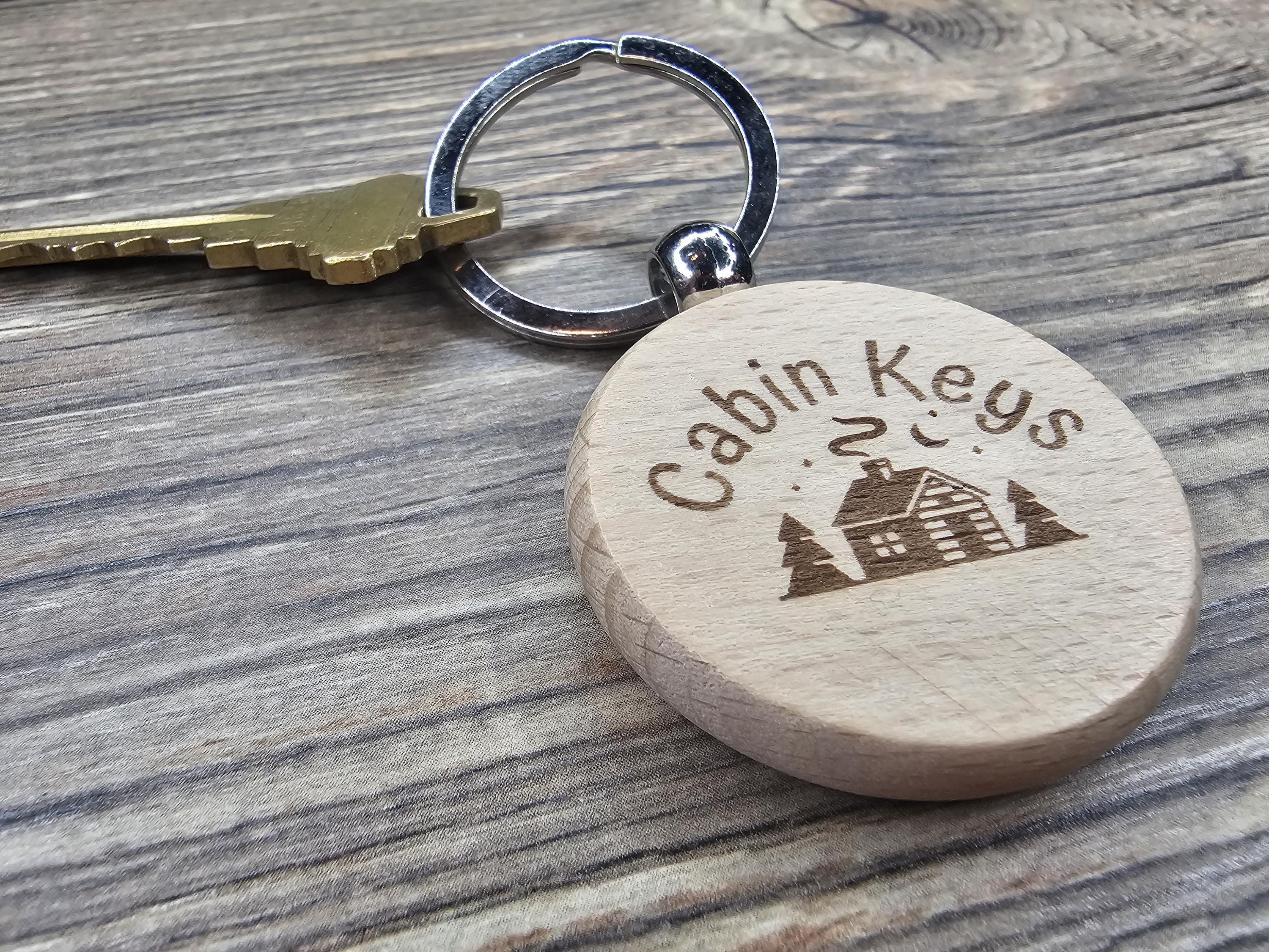 Cabin keys keychain: laser engraved hardwood with stainless steel keyring