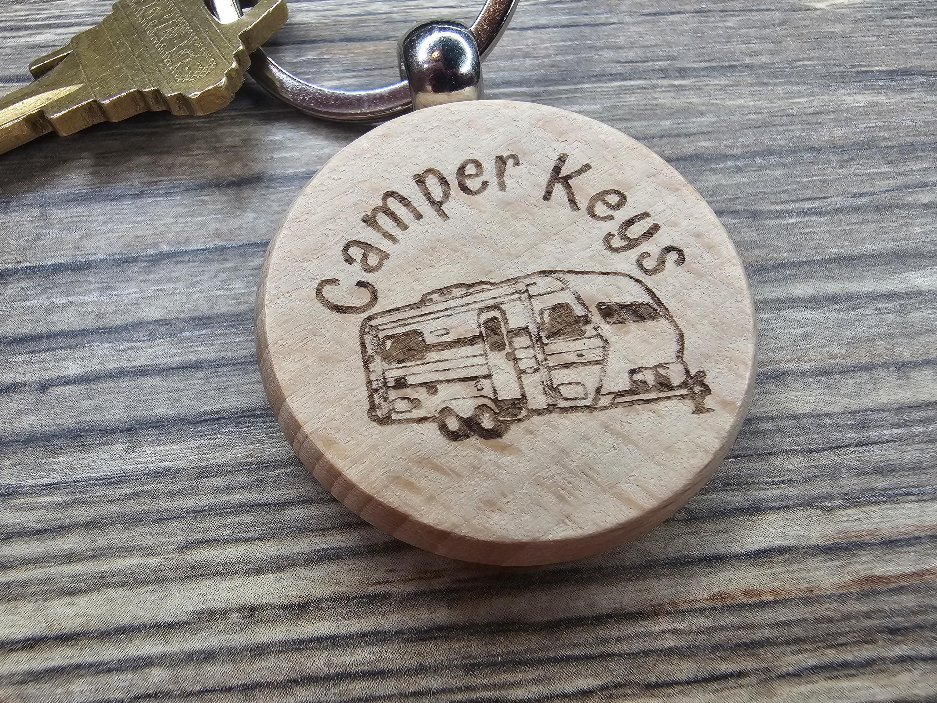 Laser engraved wood camper keychain: RV gift with stainless steel keyring