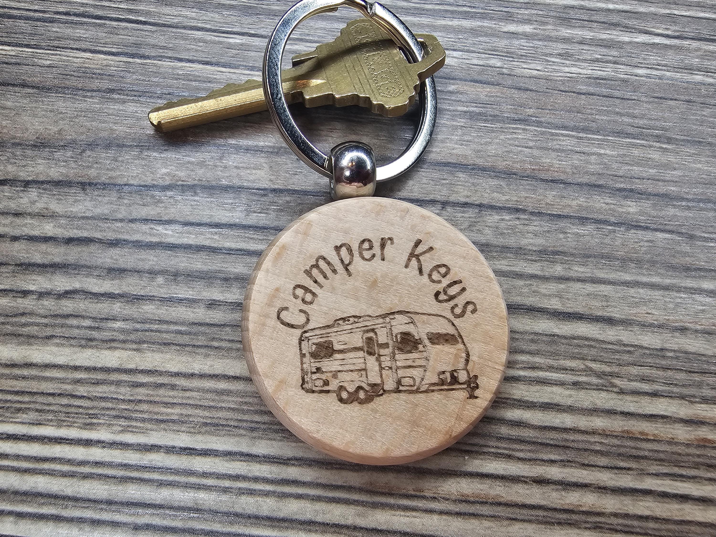 Laser engraved wood camper keychain: RV gift with stainless steel keyring