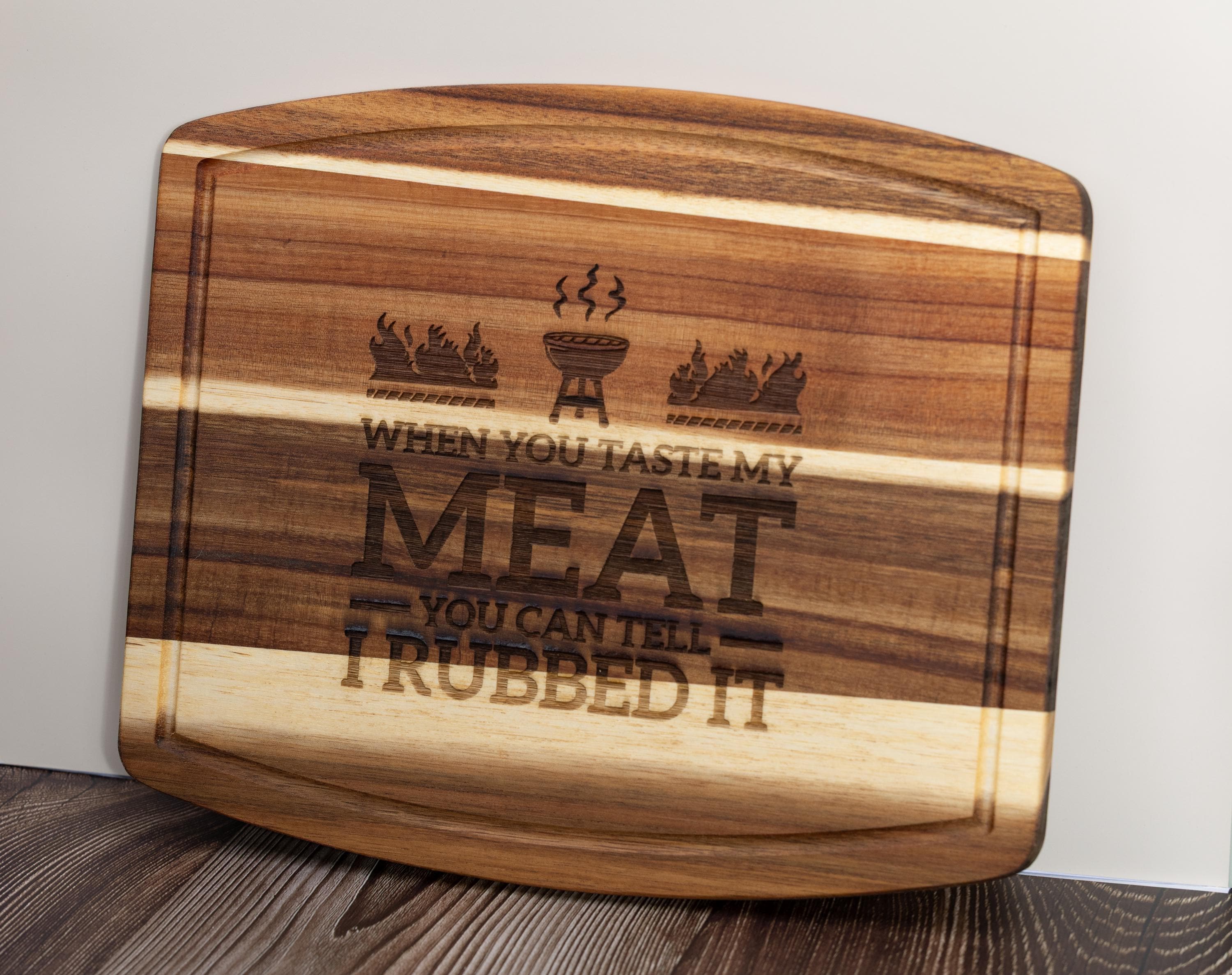 Funny engraved acacia wood cutting board: bbq grill gift (10x12)
