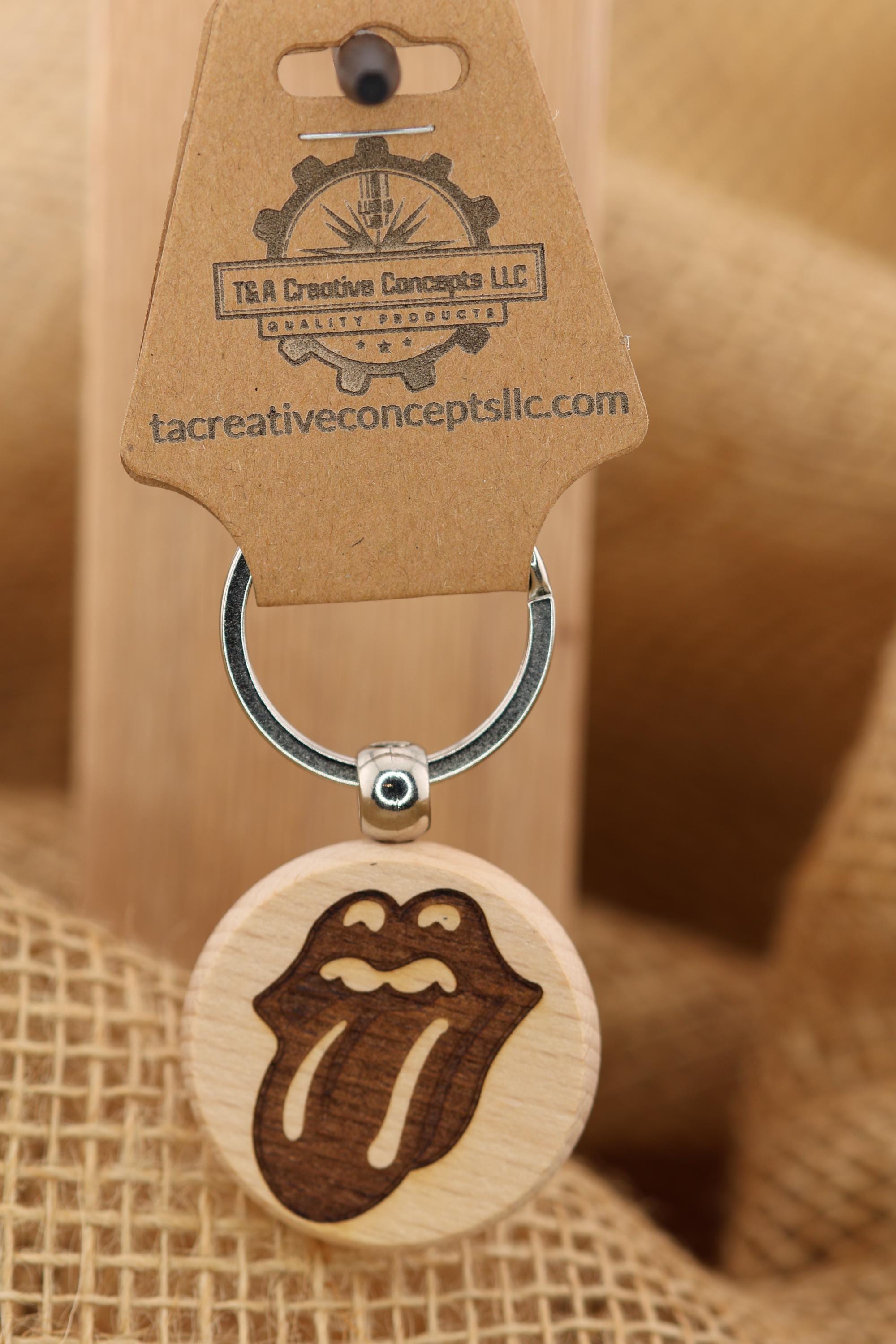 Rolling Stones Lips Keychain / Bag Charm: laser engraved hardwood, stainless steel keyring