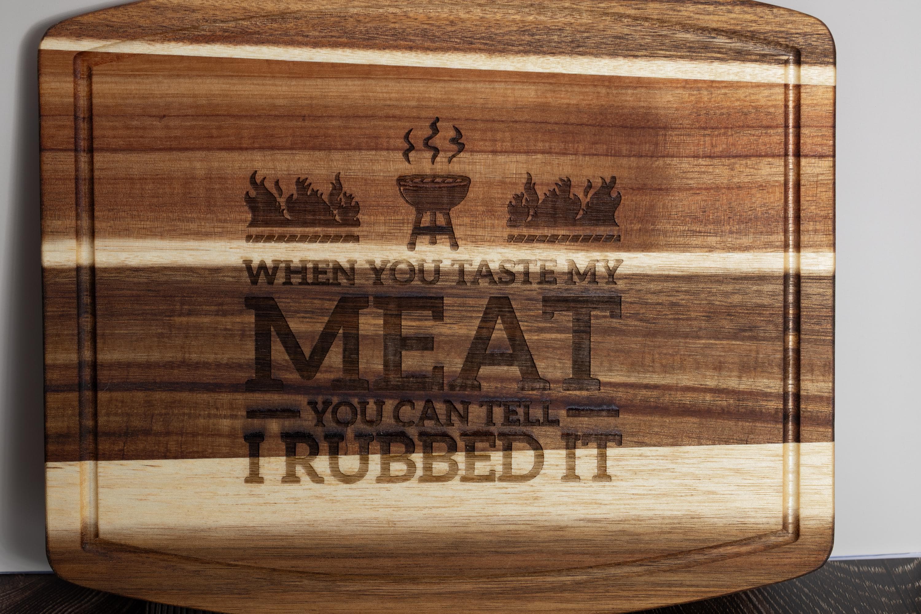 Funny engraved acacia wood cutting board: bbq grill gift (10x12)