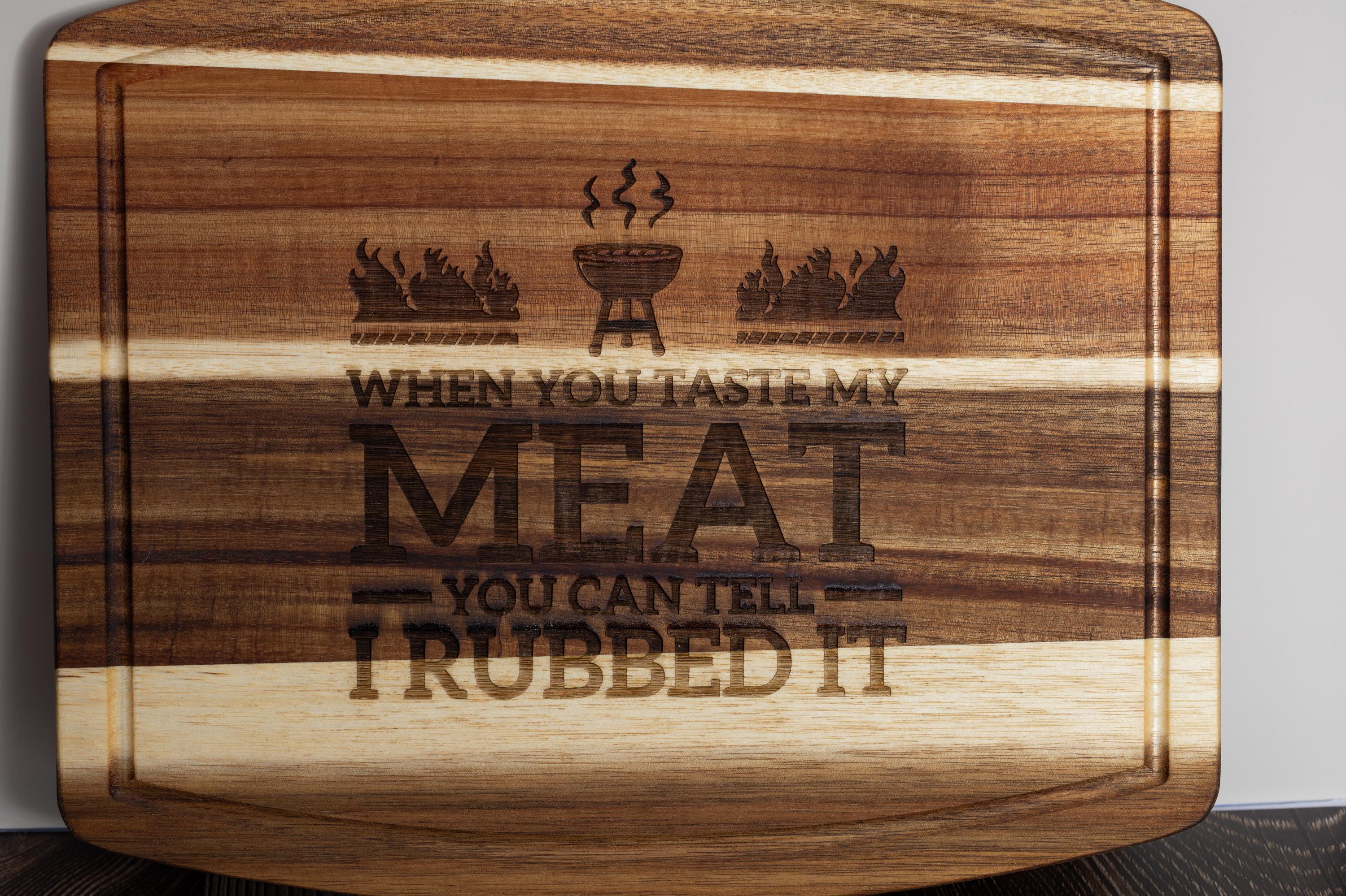Funny engraved acacia wood cutting board: bbq grill gift (10x12)