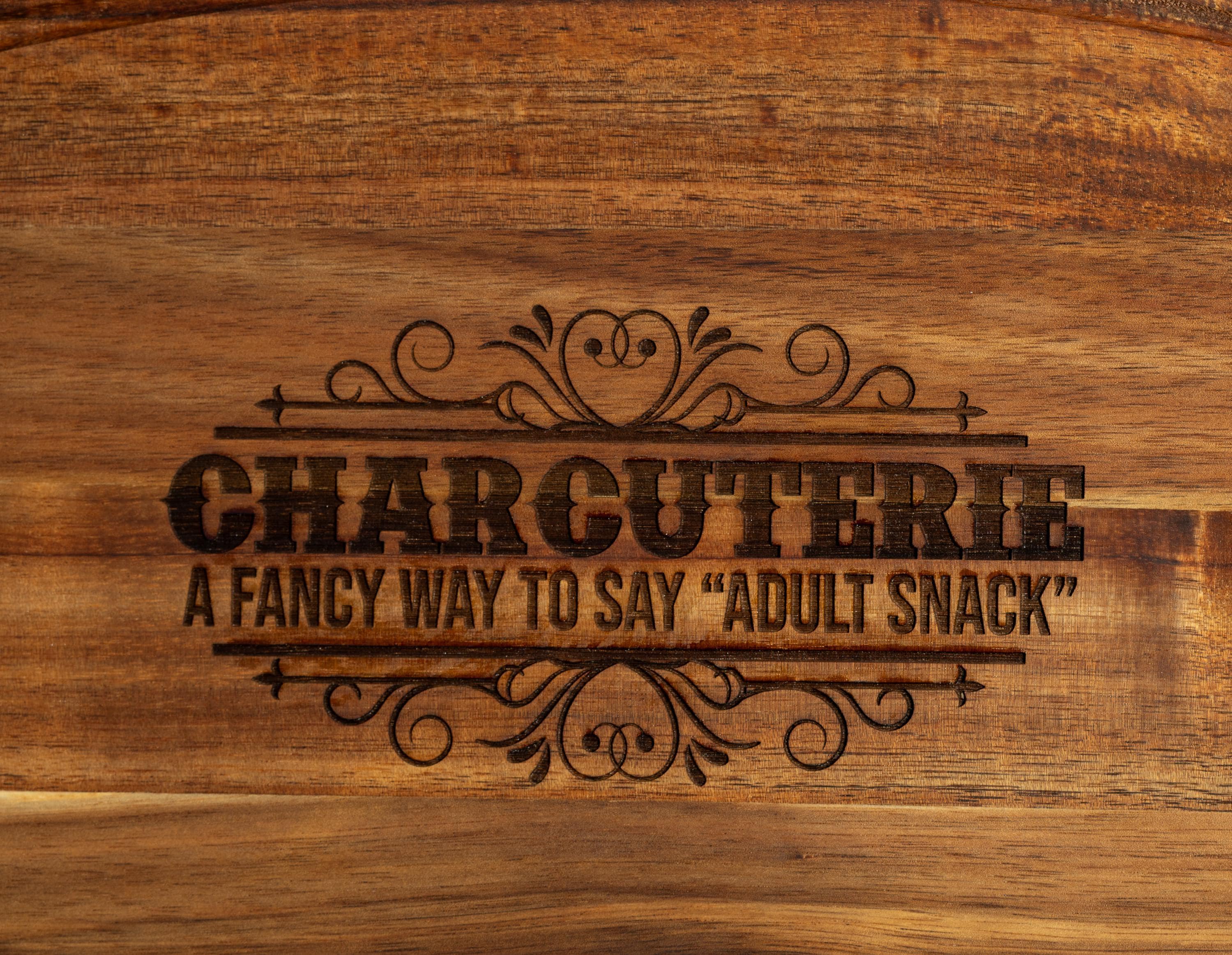 Funny 'adult snack' charcuterie board: acacia wood, laser engraved 10x12