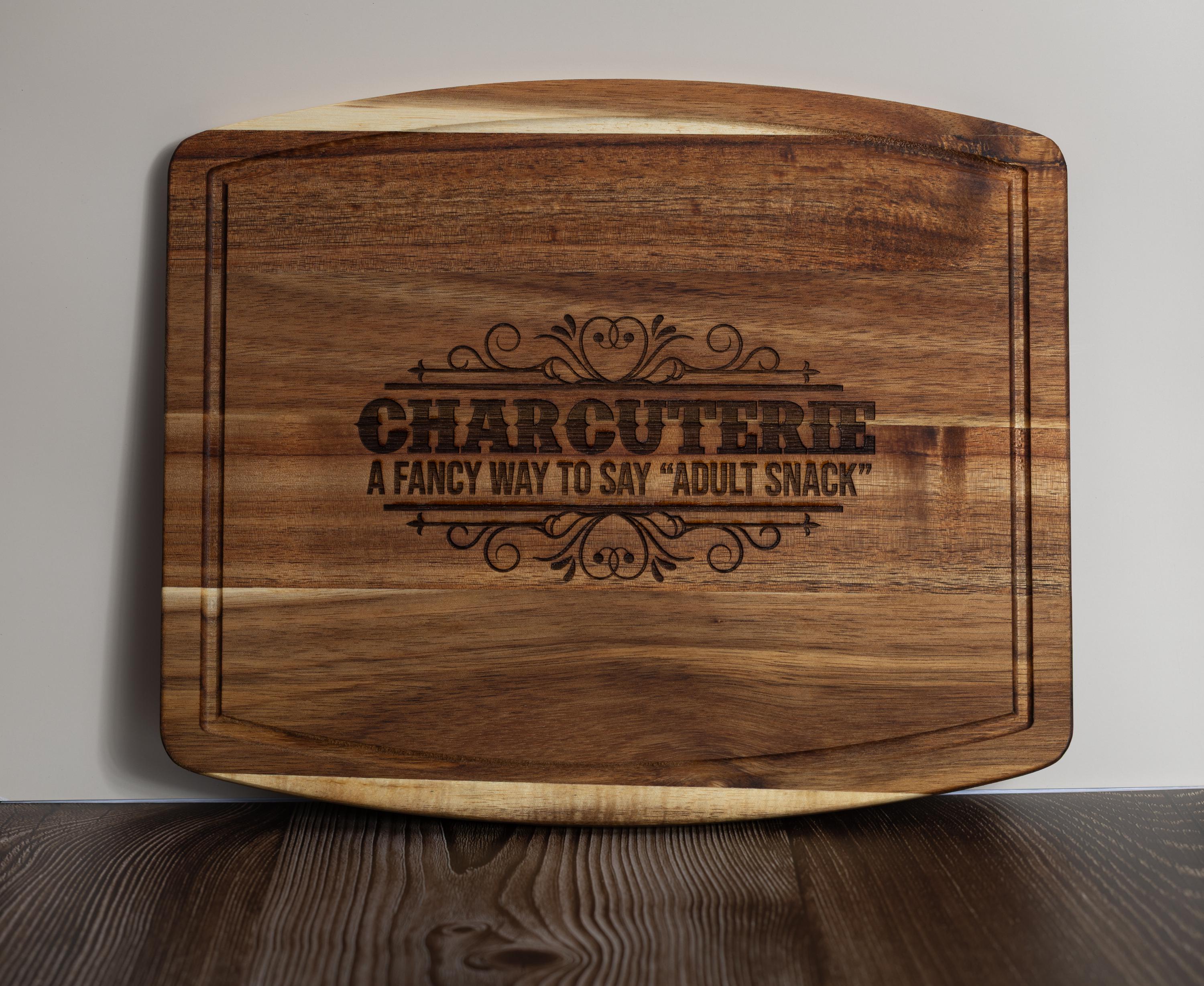 Funny 'adult snack' charcuterie board: acacia wood, laser engraved 10x12