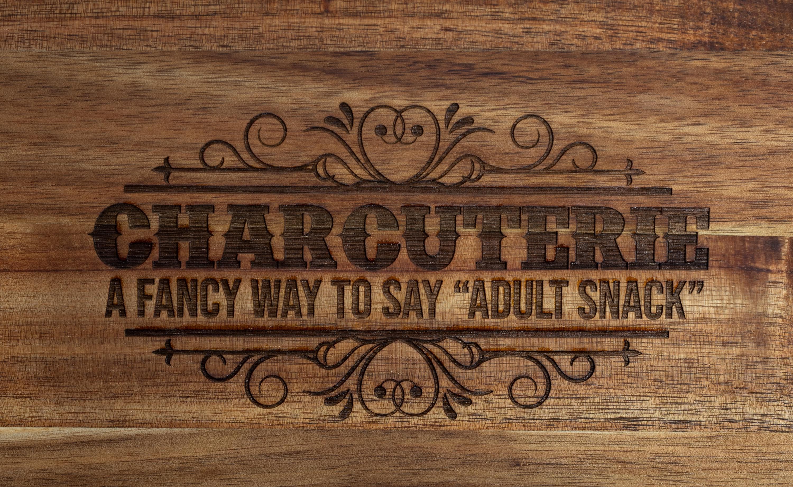 Funny 'adult snack' charcuterie board: acacia wood, laser engraved 10x12