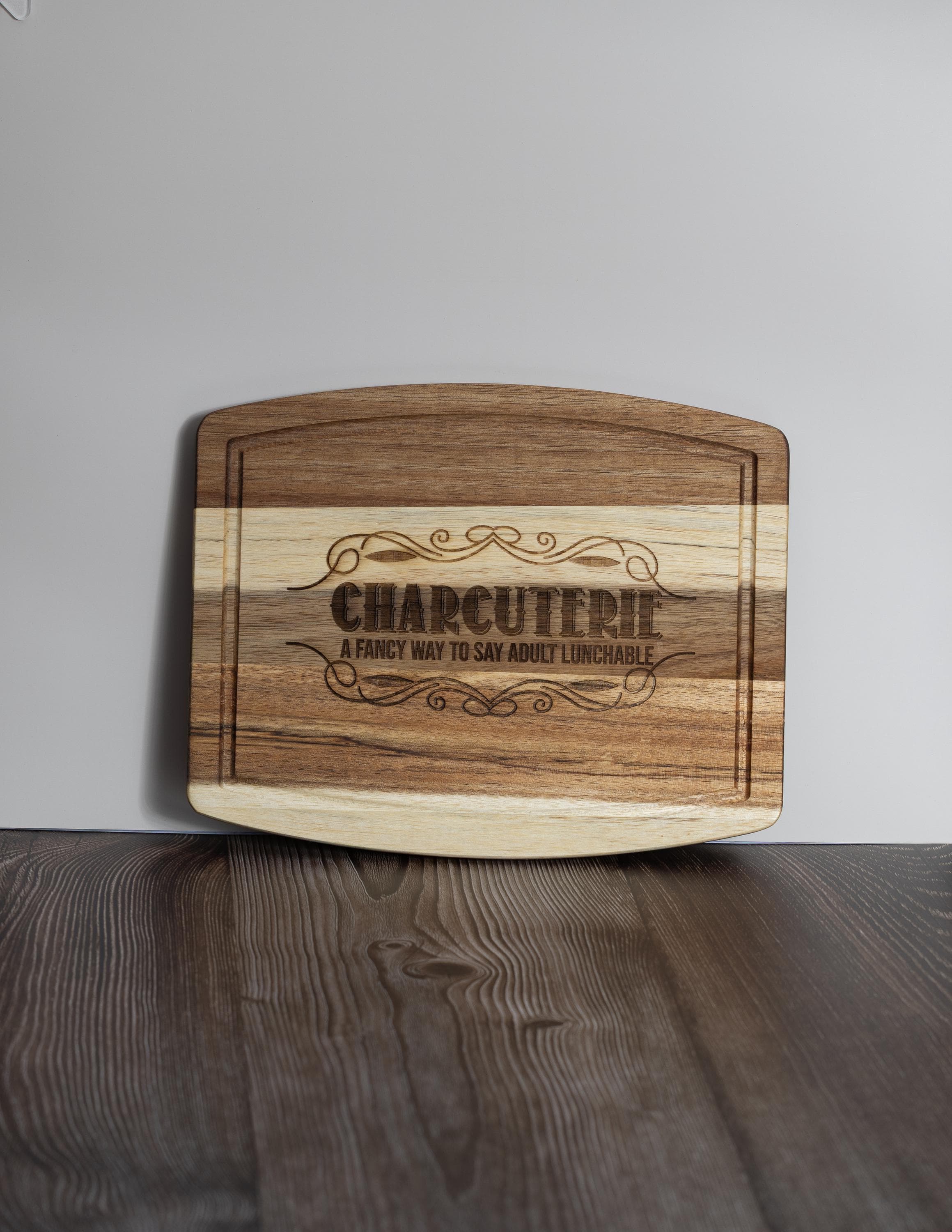 Funny 'adult lunchable' acacia wood charcuterie board - laser engraved