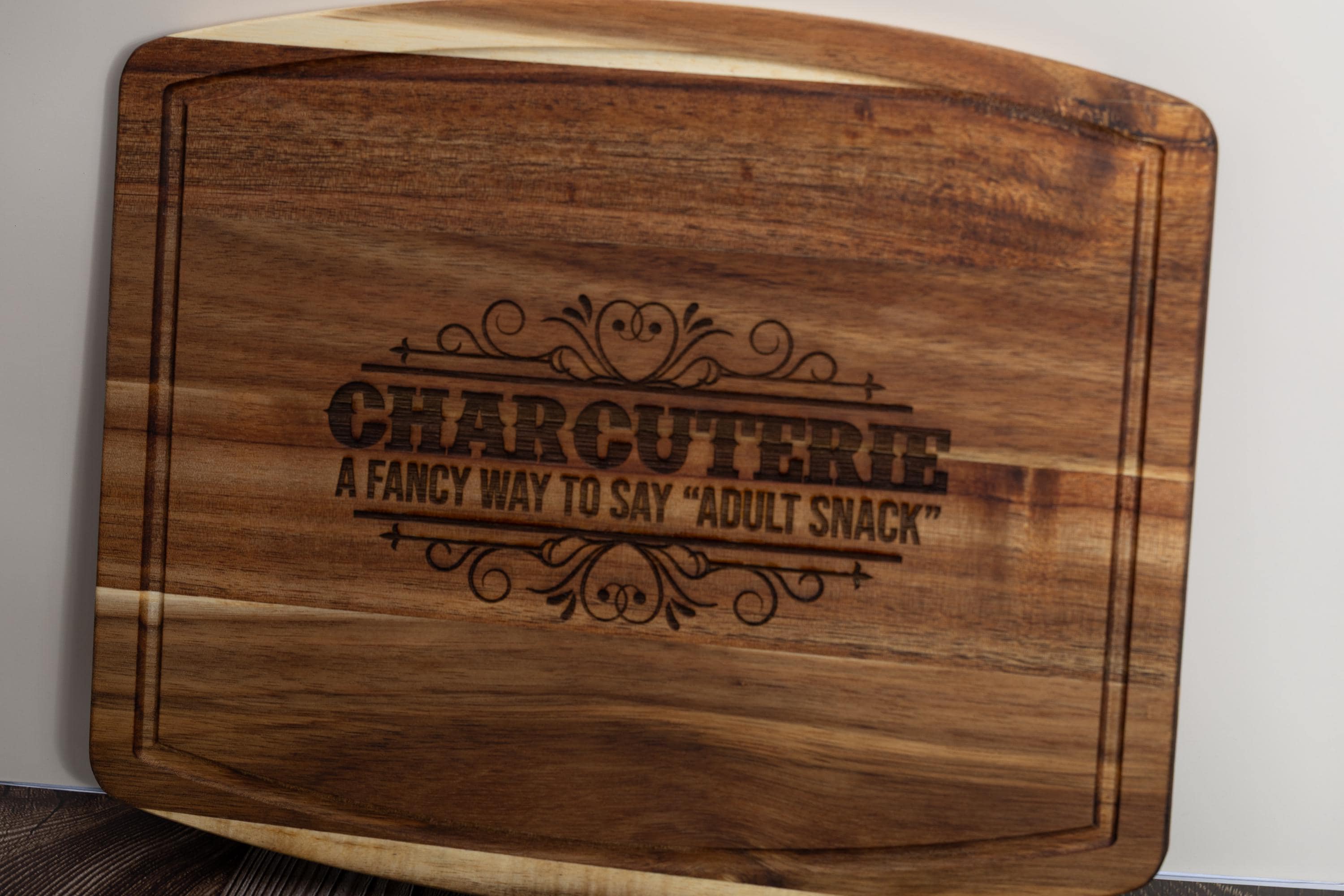 Funny 'adult snack' charcuterie board: acacia wood, laser engraved 10x12
