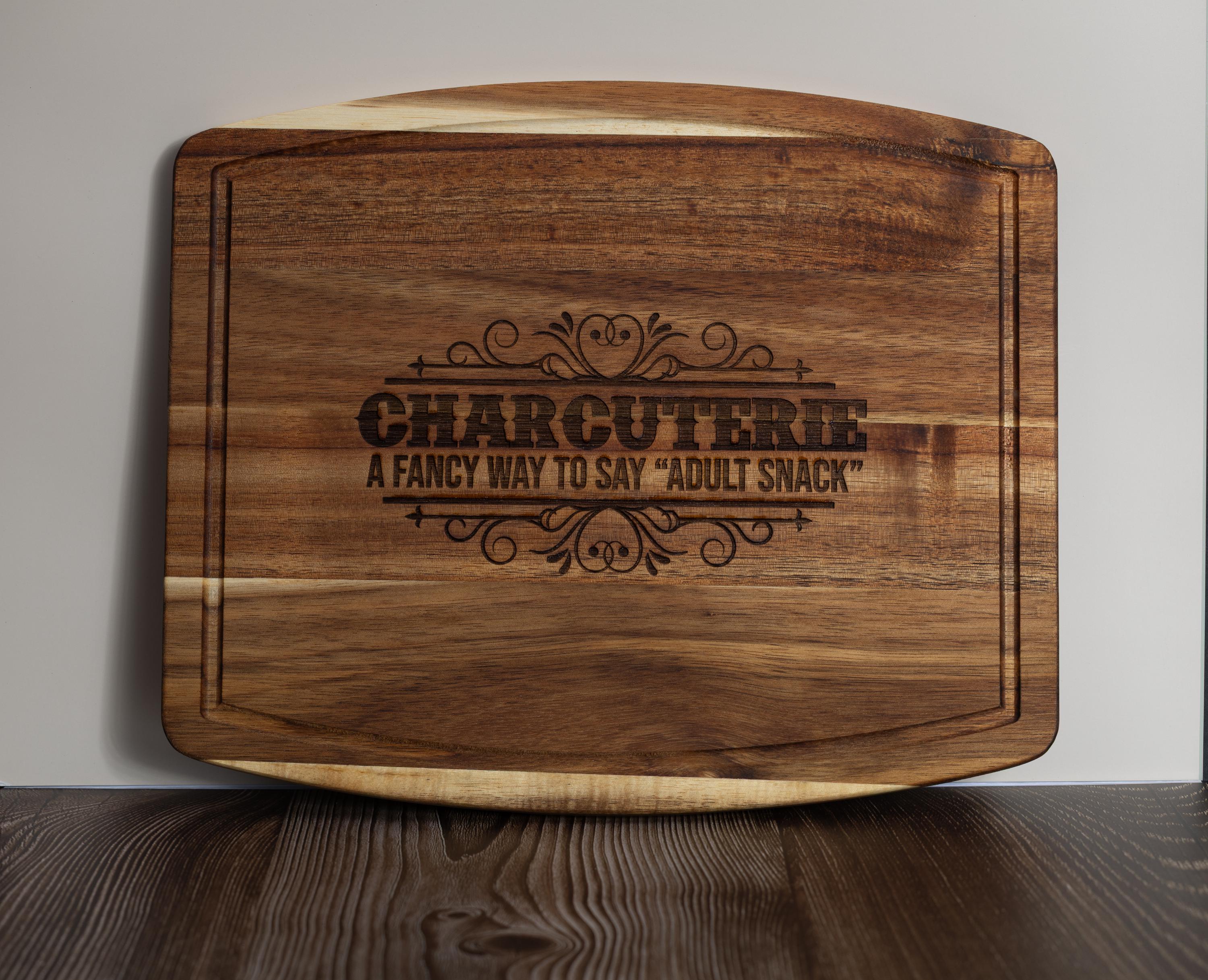 Funny 'adult snack' charcuterie board: acacia wood, laser engraved 10x12