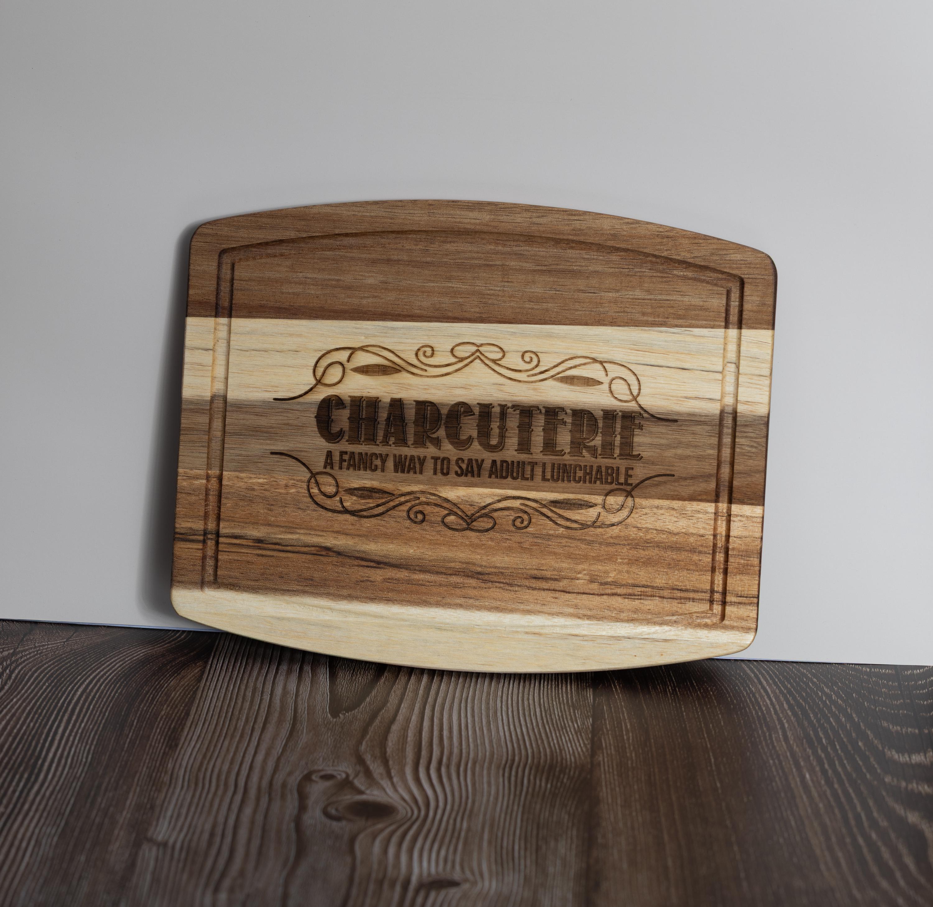 Funny 'adult lunchable' acacia wood charcuterie board - laser engraved