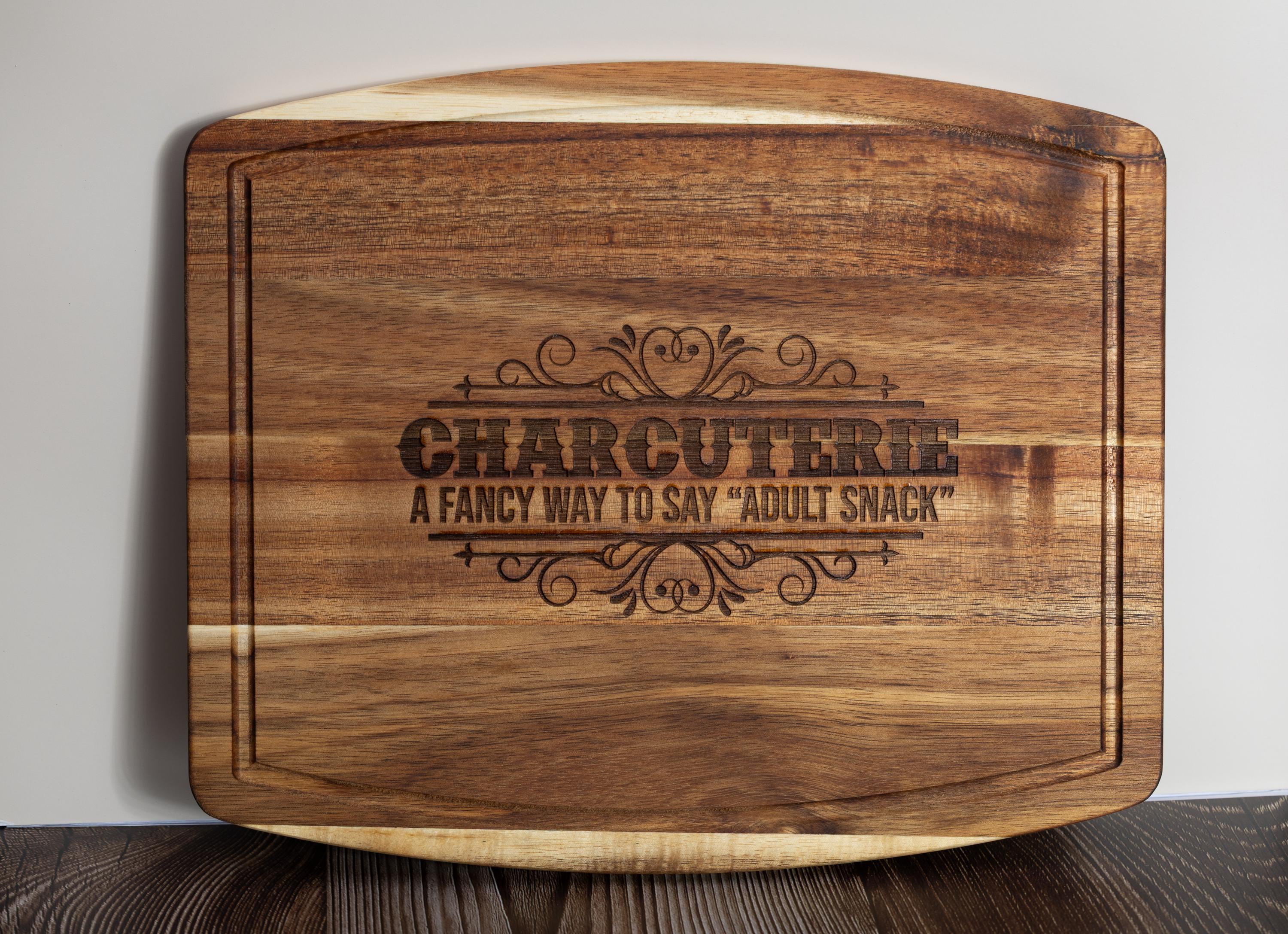 Funny 'adult snack' charcuterie board: acacia wood, laser engraved 10x12