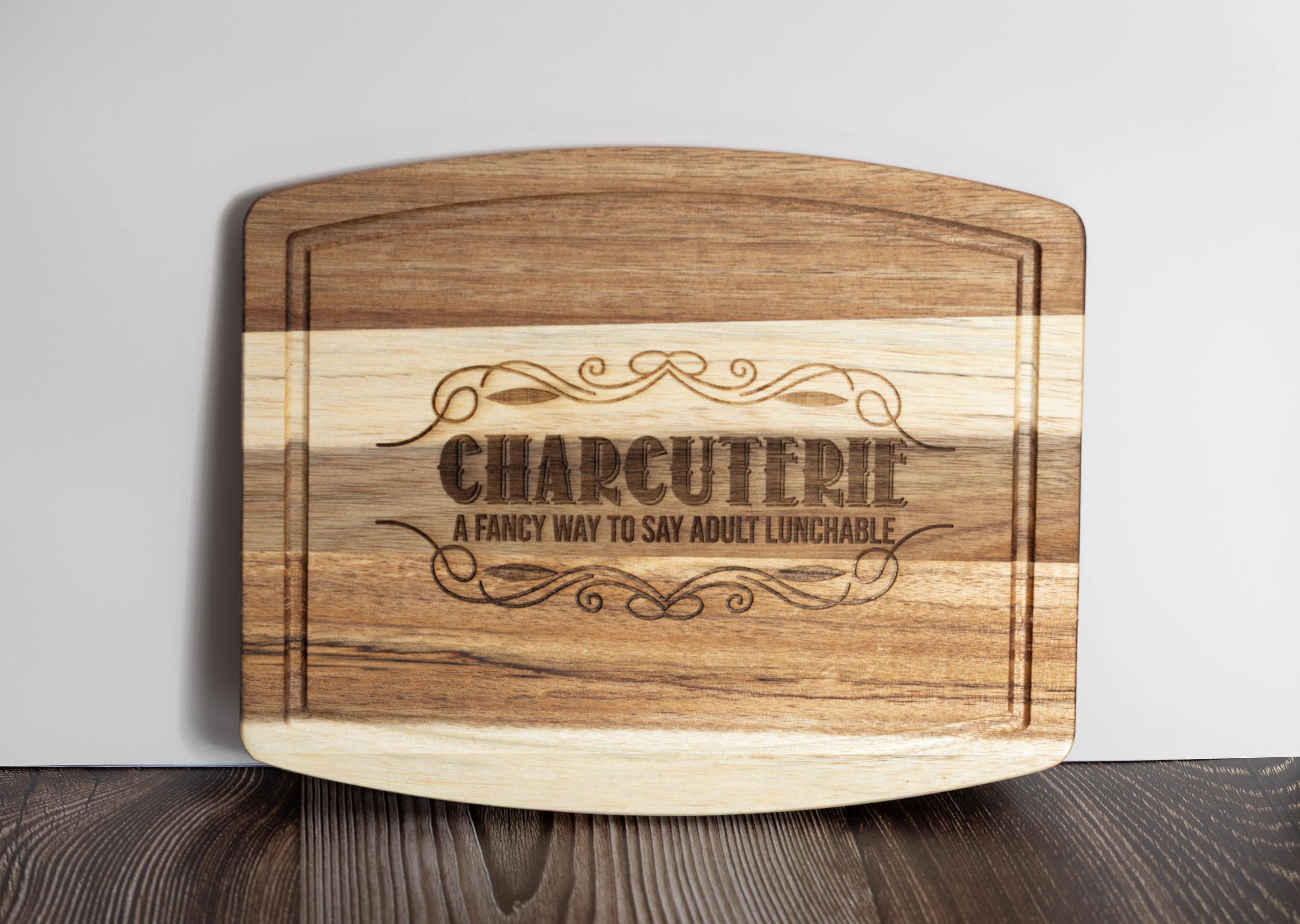 Funny 'adult lunchable' acacia wood charcuterie board - laser engraved