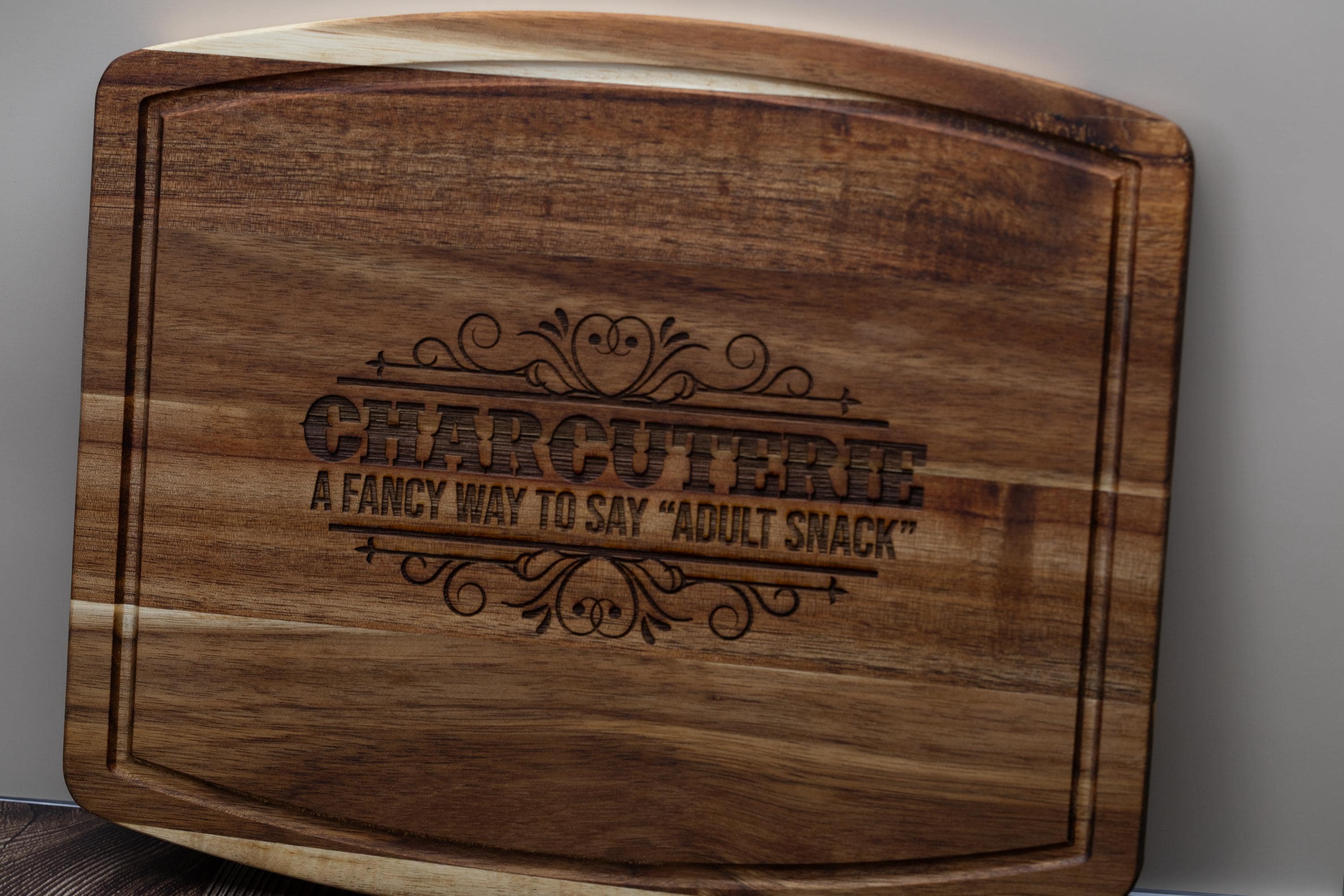 Funny 'adult snack' charcuterie board: acacia wood, laser engraved 10x12