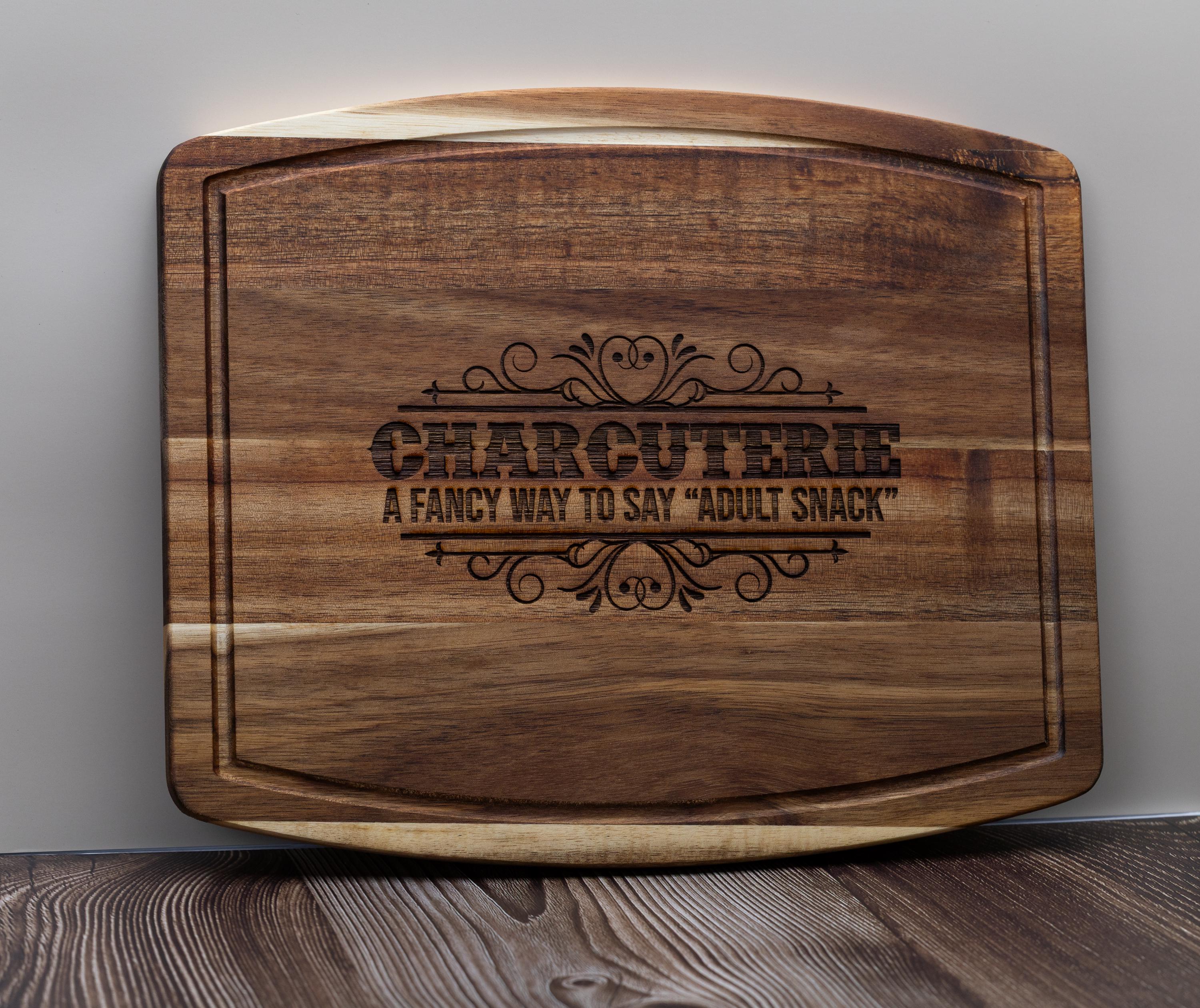 Funny 'adult snack' charcuterie board: acacia wood, laser engraved 10x12