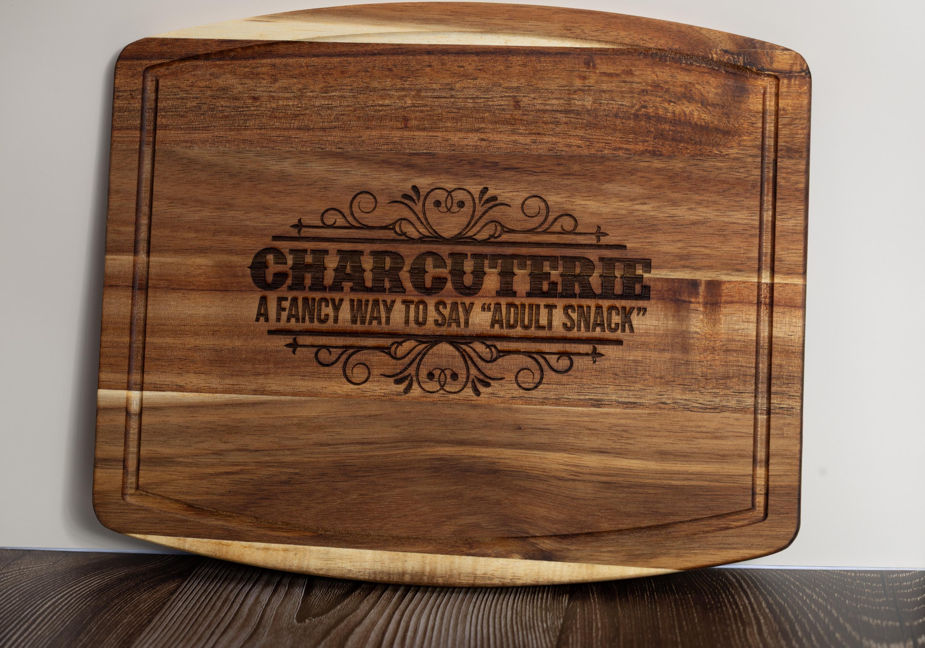 Funny 'adult snack' charcuterie board: acacia wood, laser engraved 10x12