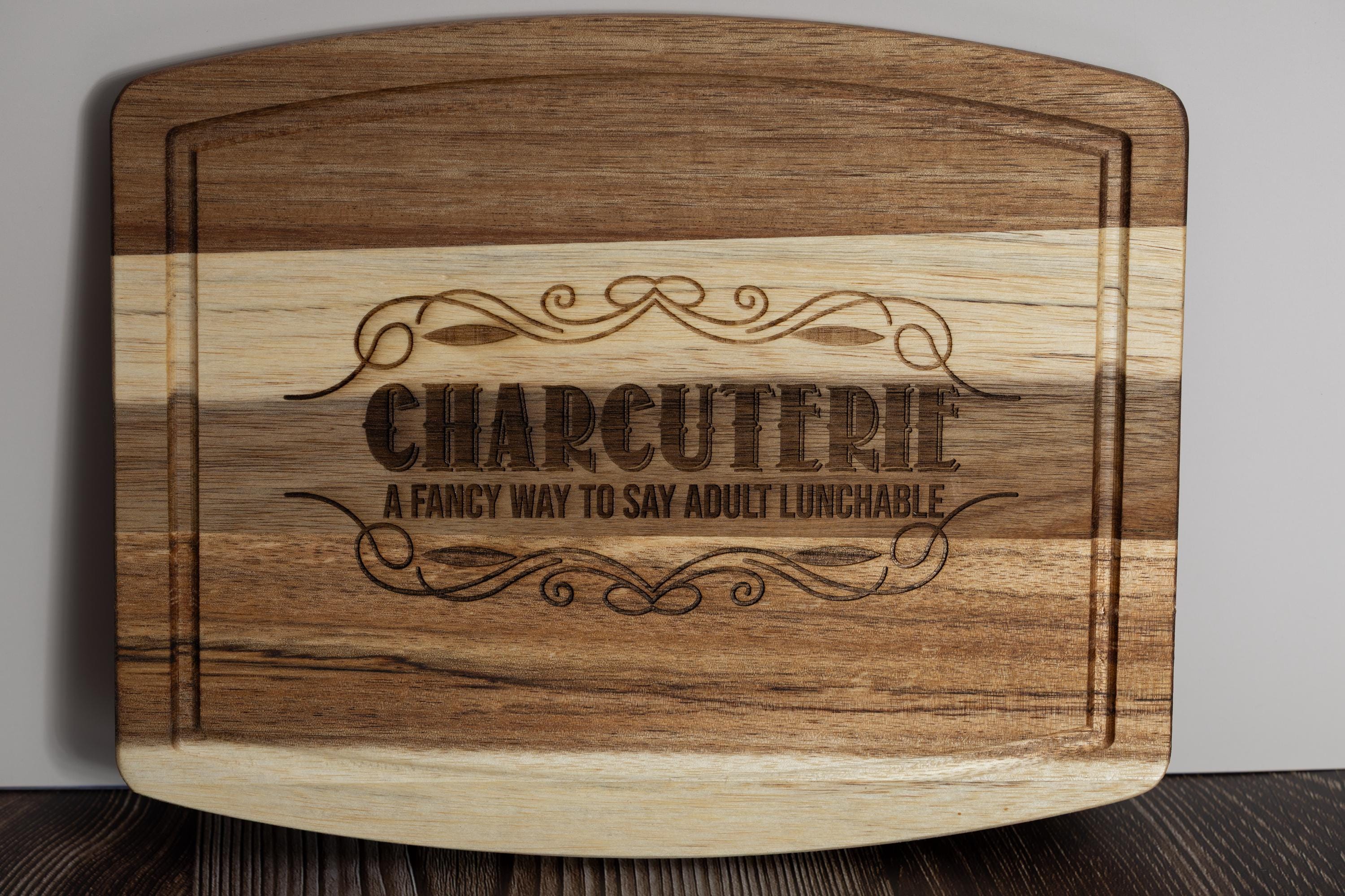 Funny 'adult lunchable' acacia wood charcuterie board - laser engraved