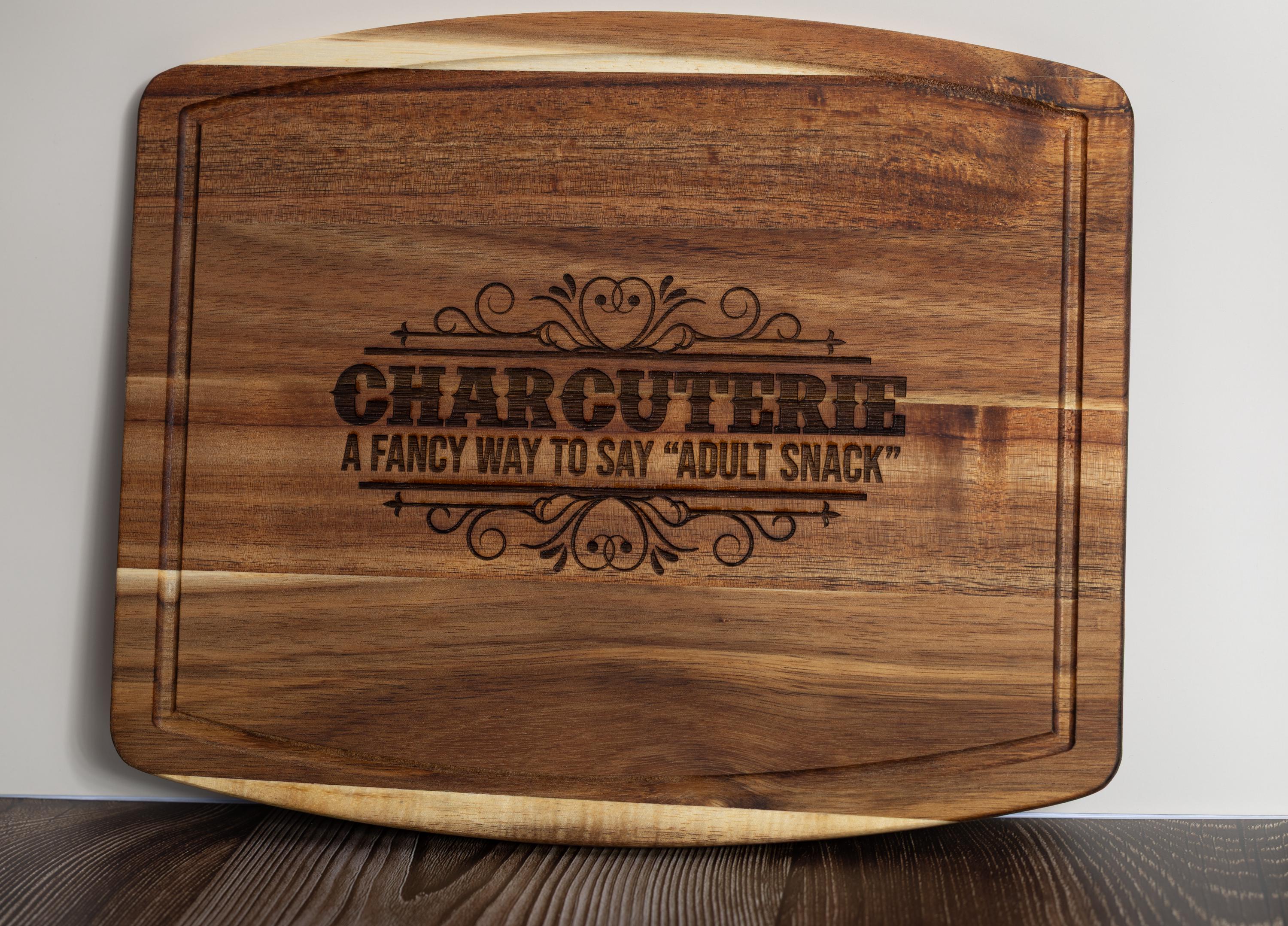Funny 'adult snack' charcuterie board: acacia wood, laser engraved 10x12