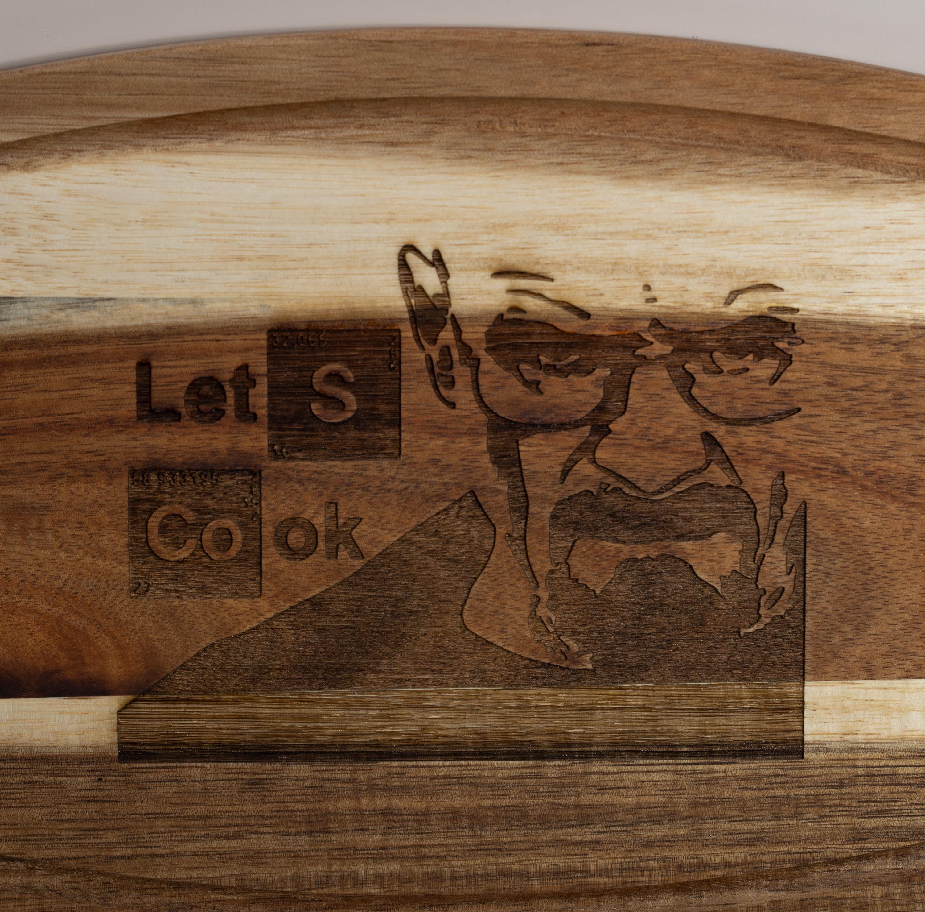 Breaking bad cutting board: acacia wood, laser engraved "let's cook"