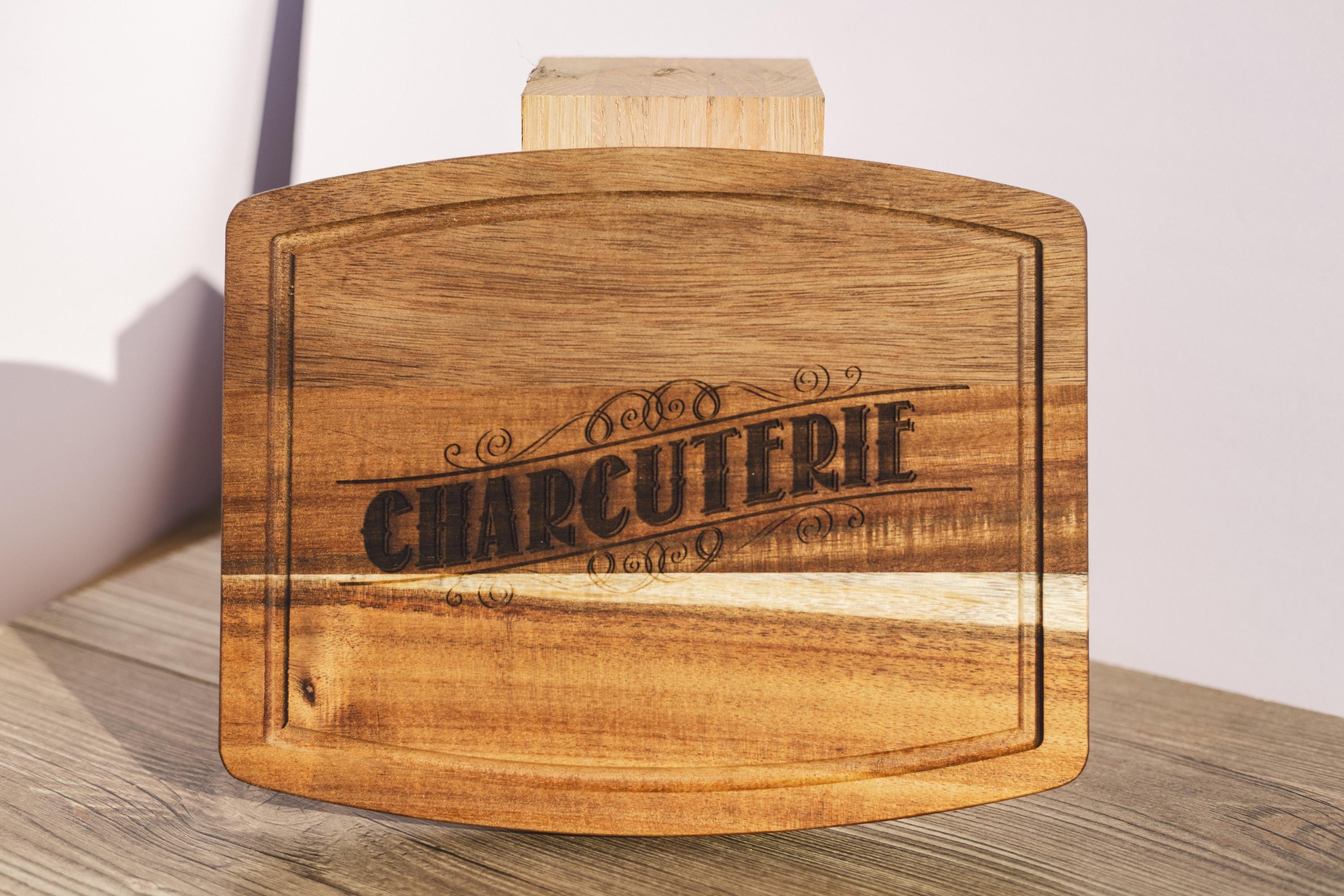 Laser engraved acacia wood charcuterie board - rustic serving tray (10x12)